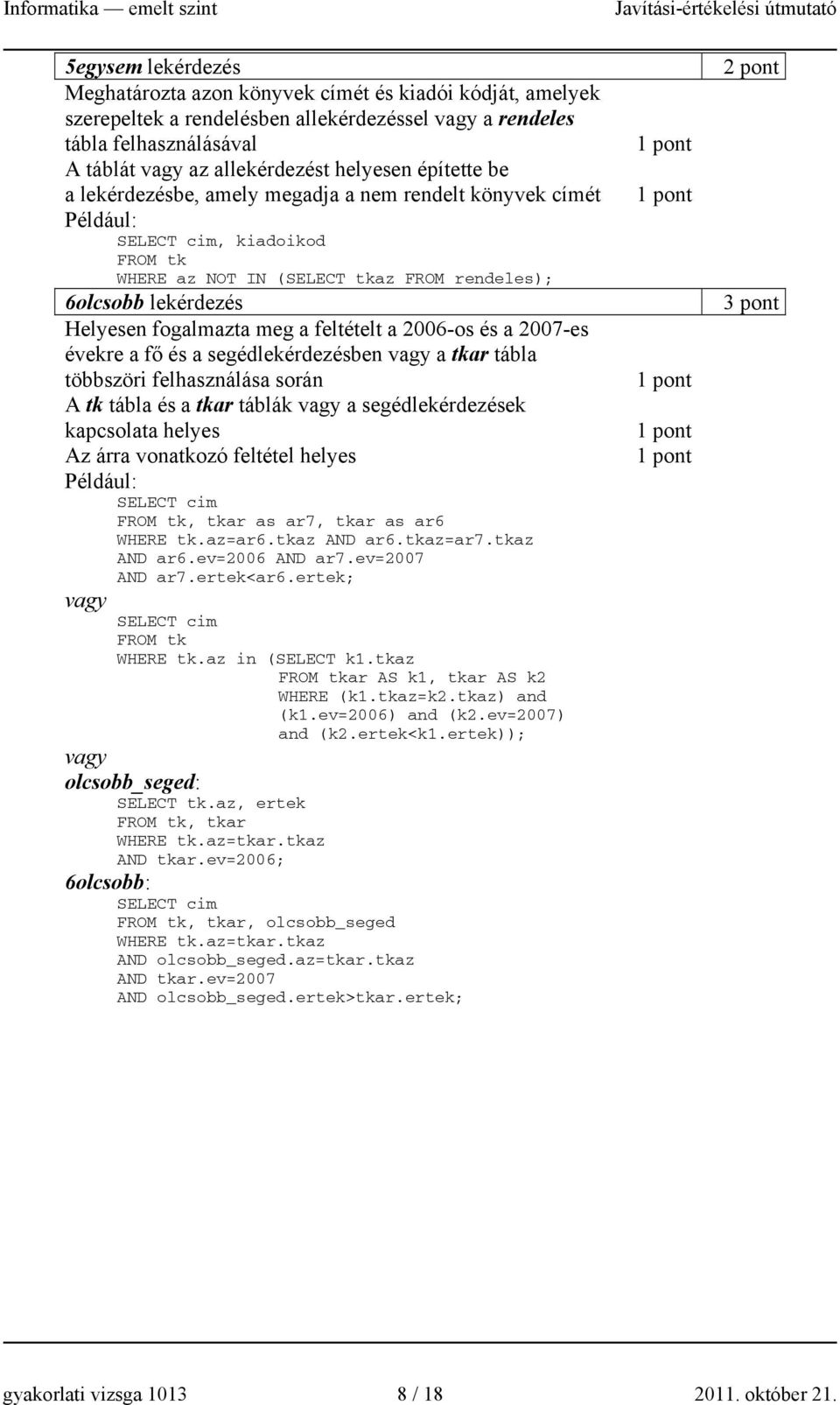 feltételt a 2006-os és a 2007-es évekre a fő és a segédlekérdezésben vagy a tkar tábla többszöri felhasználása során A tk tábla és a tkar táblák vagy a segédlekérdezések kapcsolata helyes Az árra