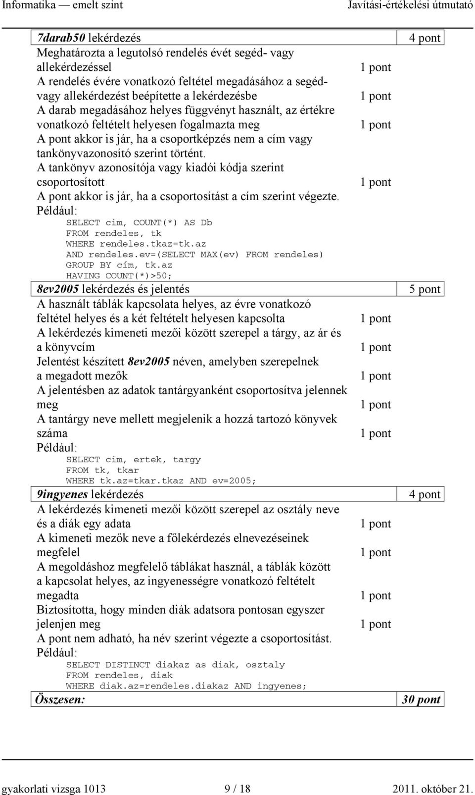 A tankönyv azonosítója vagy kiadói kódja szerint csoportosított A pont akkor is jár, ha a csoportosítást a cím szerint végezte. SELECT cim, COUNT(*) AS Db FROM rendeles, tk WHERE rendeles.tkaz=tk.