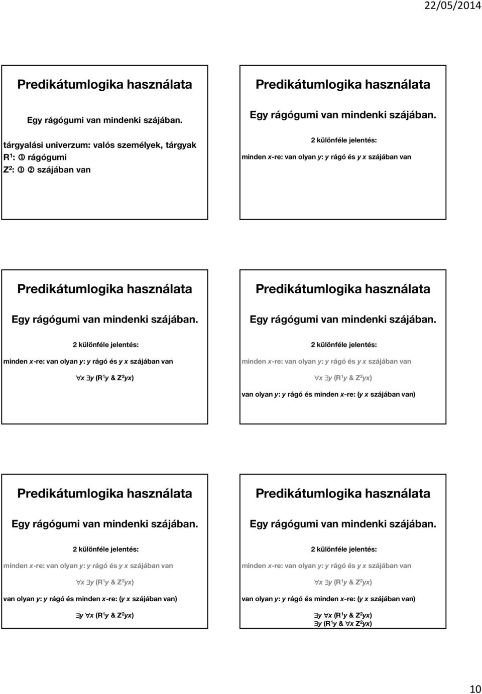 szájában van x y (R 1 y & Z 2 yx) van olyan y: y rágó és minden x-re: (y x szájában van) y x (R 1 y & Z 2 yx) y (R 1 y & x Z 2 yx) 2 különféle jelentés: minden x-re: van olyan y: y rágó és y x