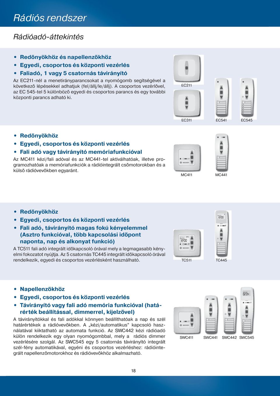 EC211 EC311 EC541 EC545 Redőnyökhöz Egyedi, csoportos és központi vezérlés Fali adó vagy távirányító memóriafunkcióval Az MC411 kézi/fali adóval és az MC441-tel aktiválhatóak, illetve programozhatóak