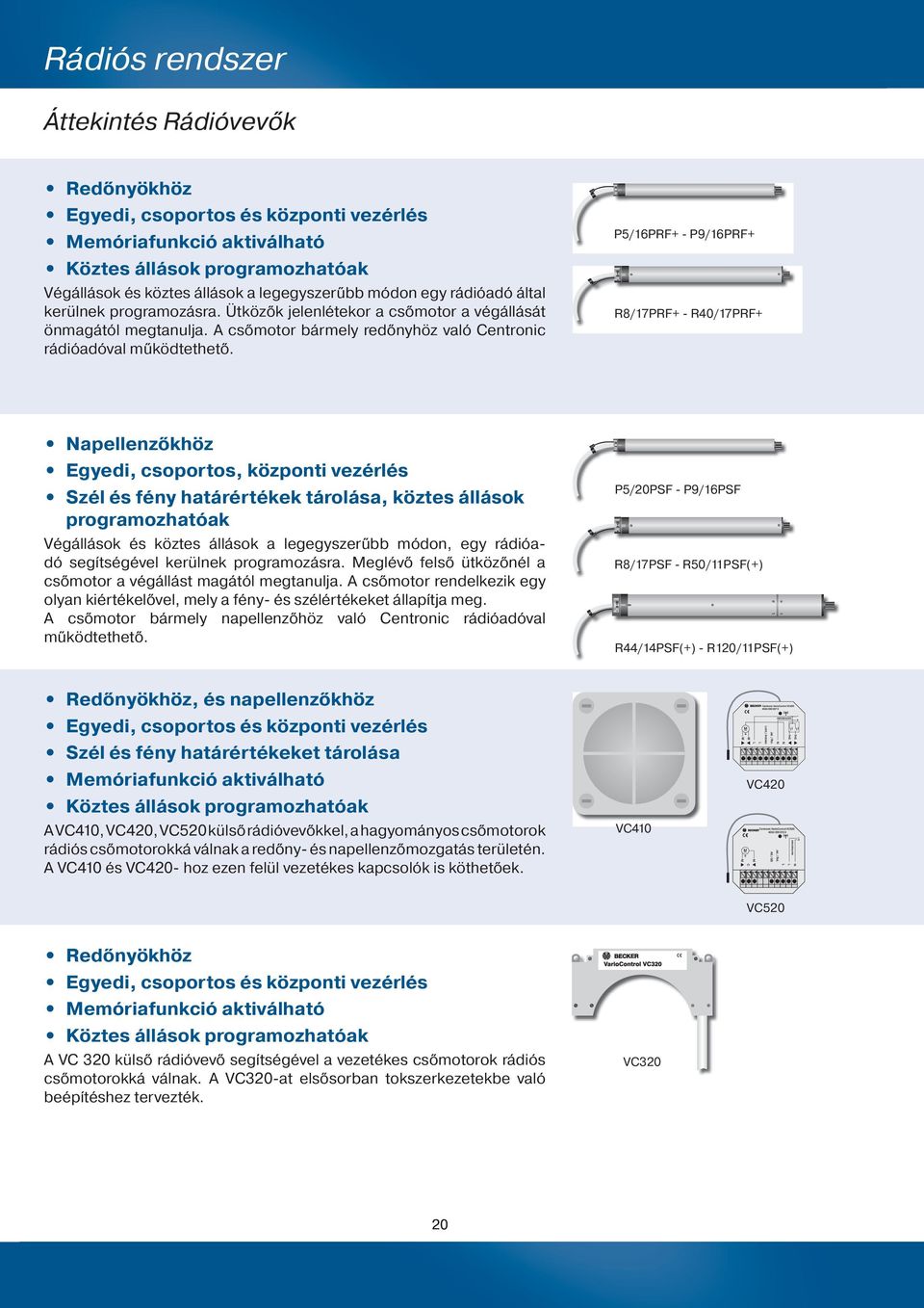 P5/16PRF+ - P9/16PRF+ R8/17PRF+ - R40/17PRF+ Napellenzőkhöz Egyedi, csoportos, központi vezérlés Szél és fény határértékek tárolása, köztes állások programozhatóak Végállások és köztes állások a