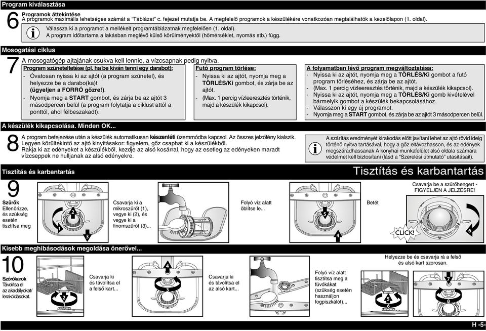 Mosogatási ciklus A mosogatógép ajtajának csukva kell lennie, a vízcsapnak pedig nyitva. Program szüneteltetése (pl.