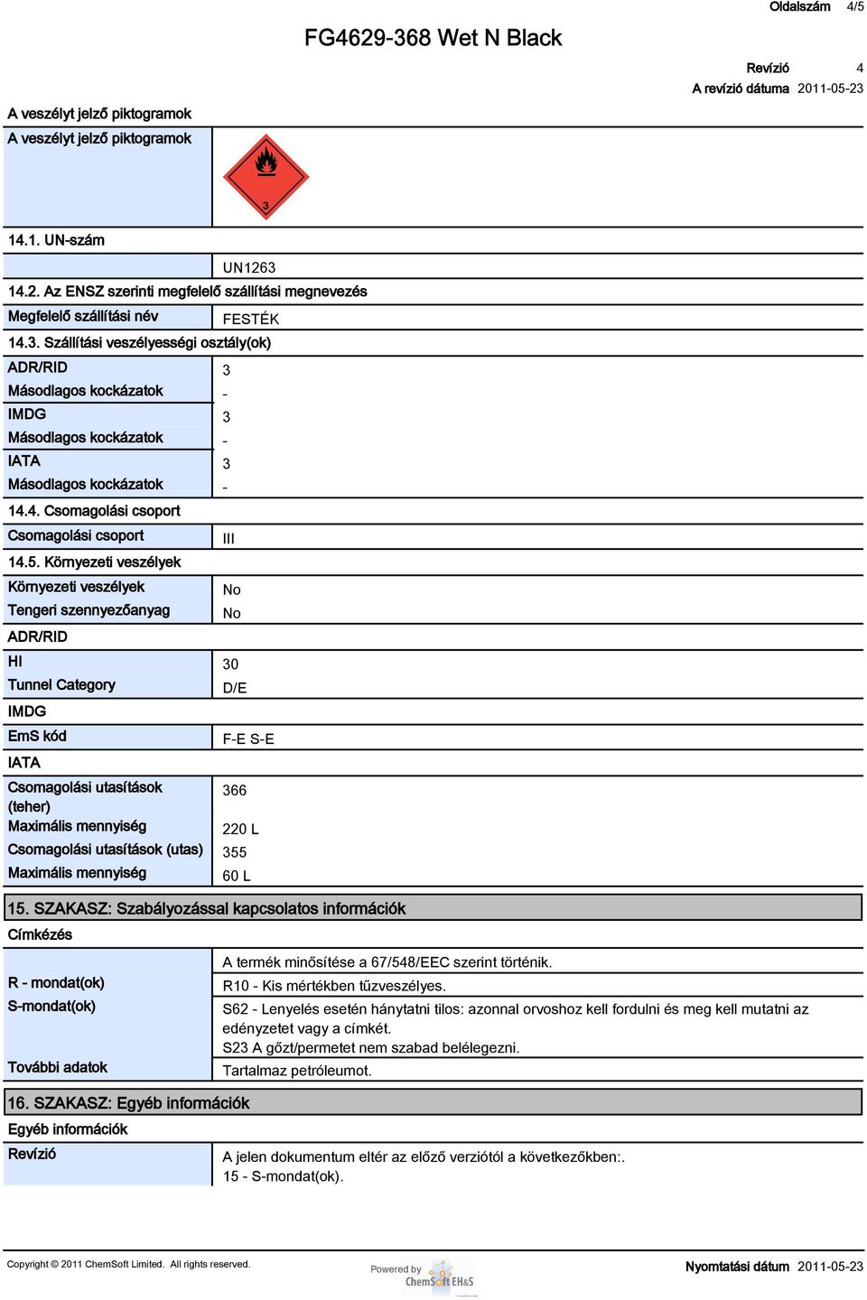Környezeti veszélyek Környezeti veszélyek Tengeri szennyezőanyag ADR/RID III No No HI 30 Tunnel Category IMDG EmS kód IATA Csomagolási utasítások (teher) Maximális mennyiség D/E F-E S-E 366 220 L