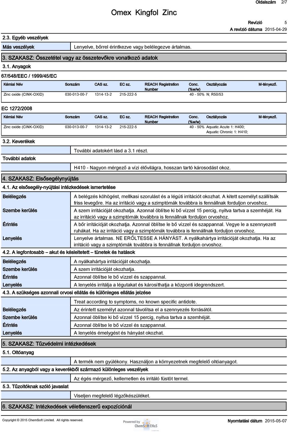 REACH Registration Number Conc. (%w/w) Osztályozás Zinc oxide (CINK-OXID) 030-013-00-7 1314-13-2 21-222- 40-0% Aquatic Acute 1: H400; Aquatic Chronic 1: H410; M-tényező. 3.2. Keverékek További adatok További adatokért lásd a 3.