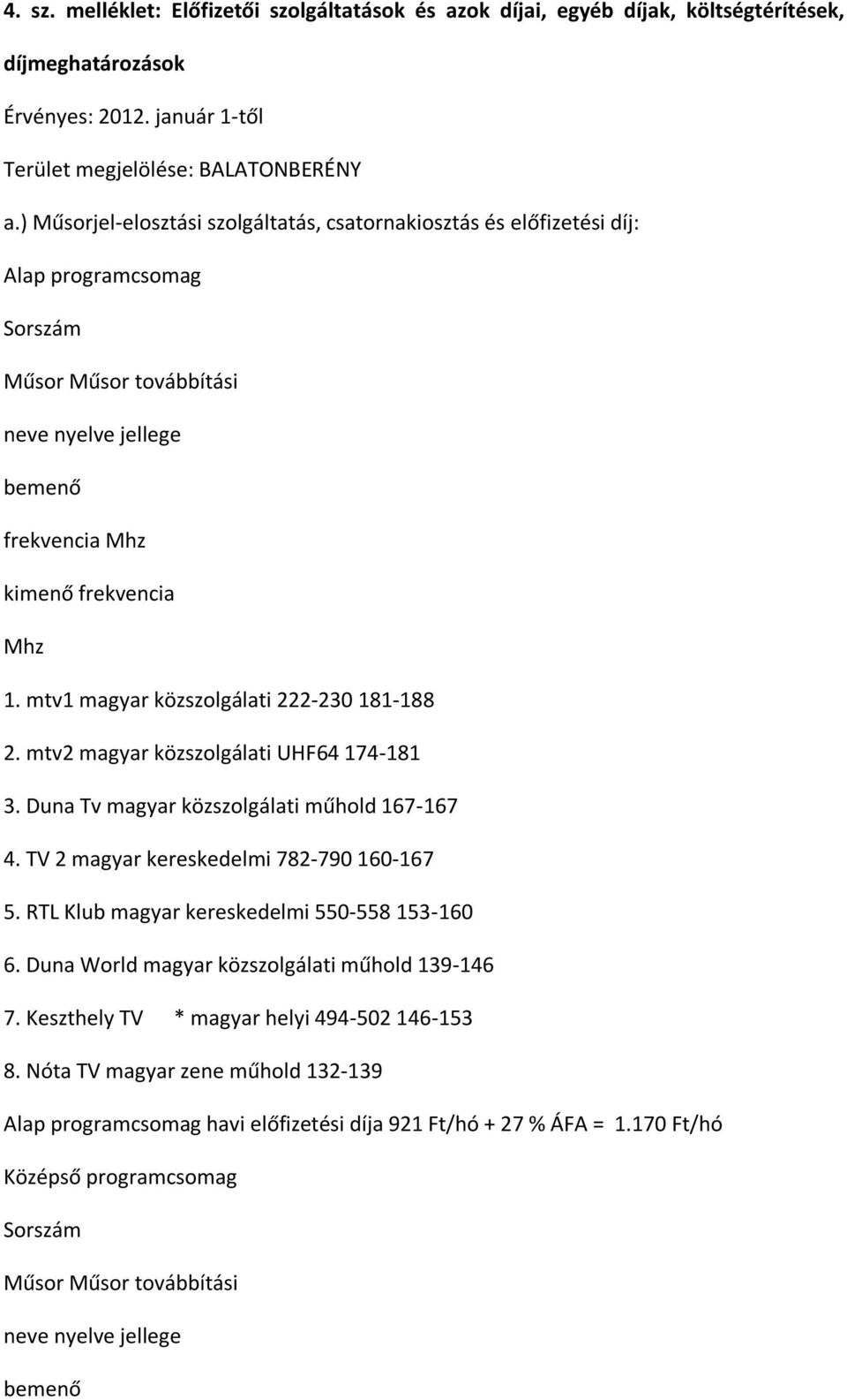 mtv1 magyar közszolgálati 222-230 181-188 2. mtv2 magyar közszolgálati UHF64 174-181 3. Duna Tv magyar közszolgálati műhold 167-167 4. TV 2 magyar kereskedelmi 782-790 160-167 5.