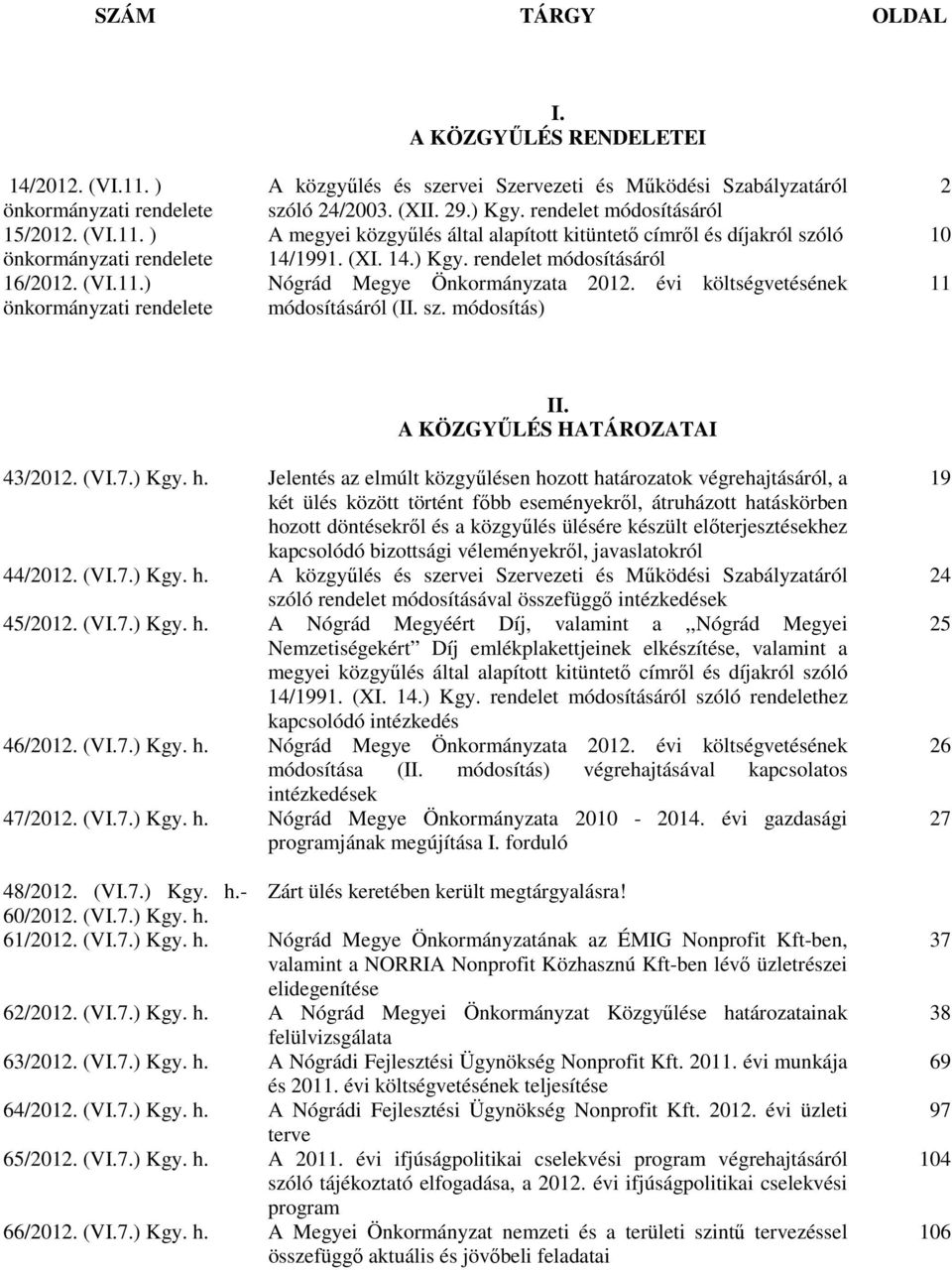 évi költségvetésének módosításáról (II. sz. módosítás) 2 10 11 II. A KÖZGYŰLÉS HATÁROZATAI 43/2012. (VI.7.) Kgy. h.