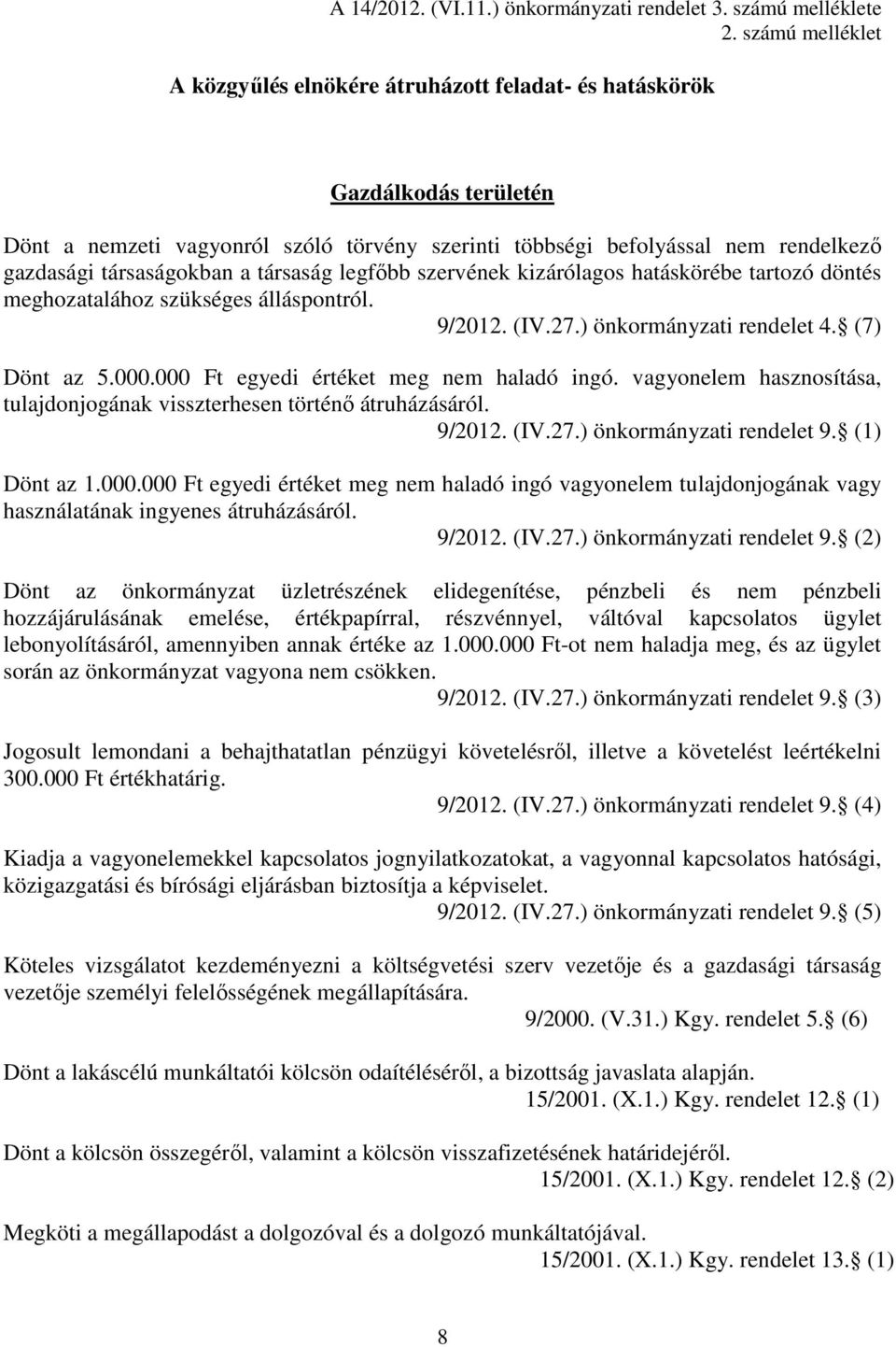 társaságokban a társaság legfőbb szervének kizárólagos hatáskörébe tartozó döntés meghozatalához szükséges álláspontról. 9/2012. (IV.27.) önkormányzati rendelet 4. (7) Dönt az 5.000.