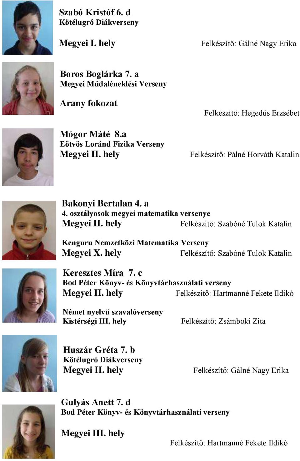 osztályosok megyei matematika versenye Felkészítő: Szabóné Tulok Katalin Kenguru Nemzetközi Matematika Verseny Megyei X. hely Felkészítő: Szabóné Tulok Katalin Keresztes Míra 7.