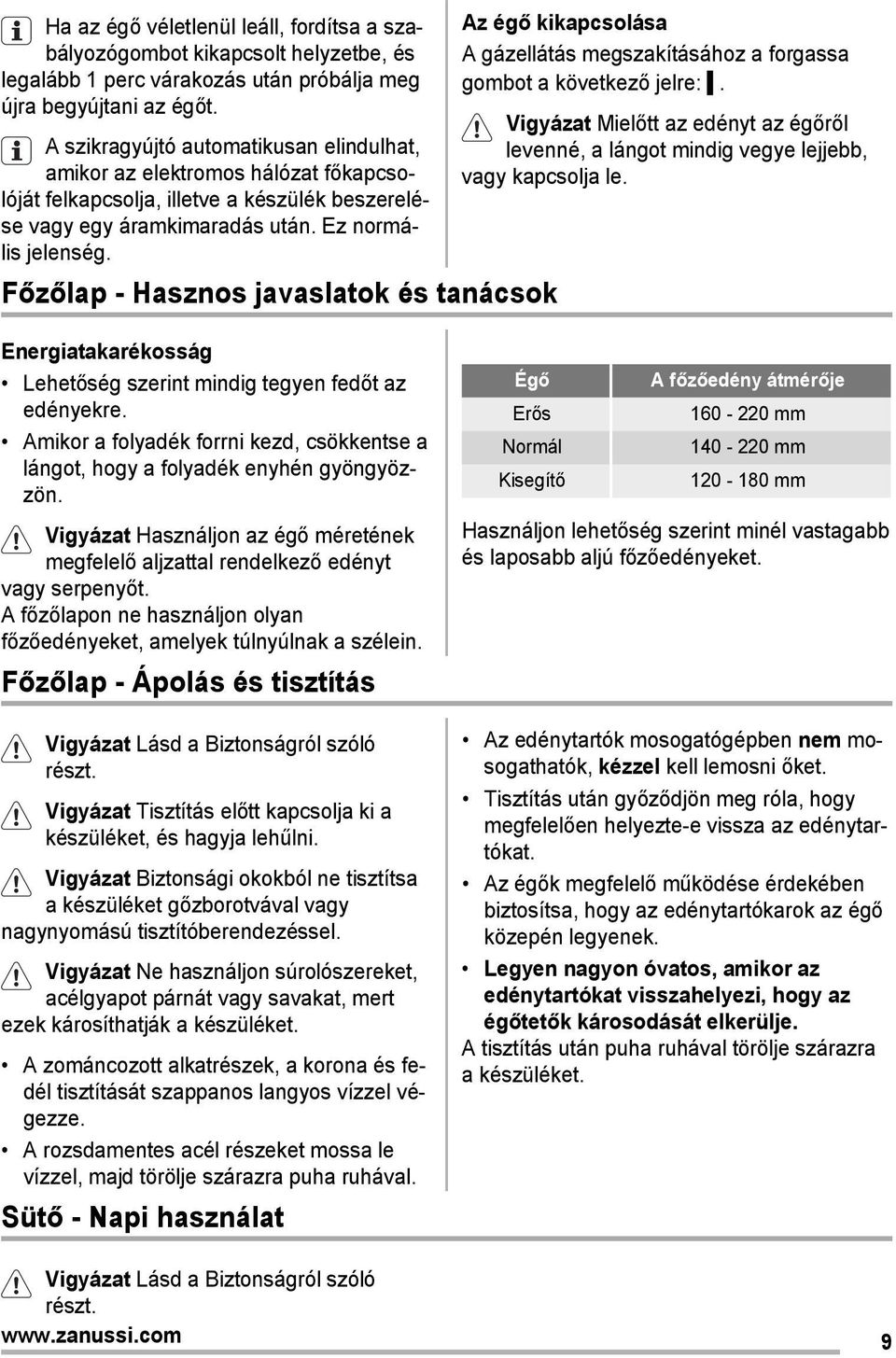 Főzőlap - Hasznos javaslatok és tanácsok Az égő kikapcsolása A gázellátás megszakításához a forgassa gombot a következő jelre:.