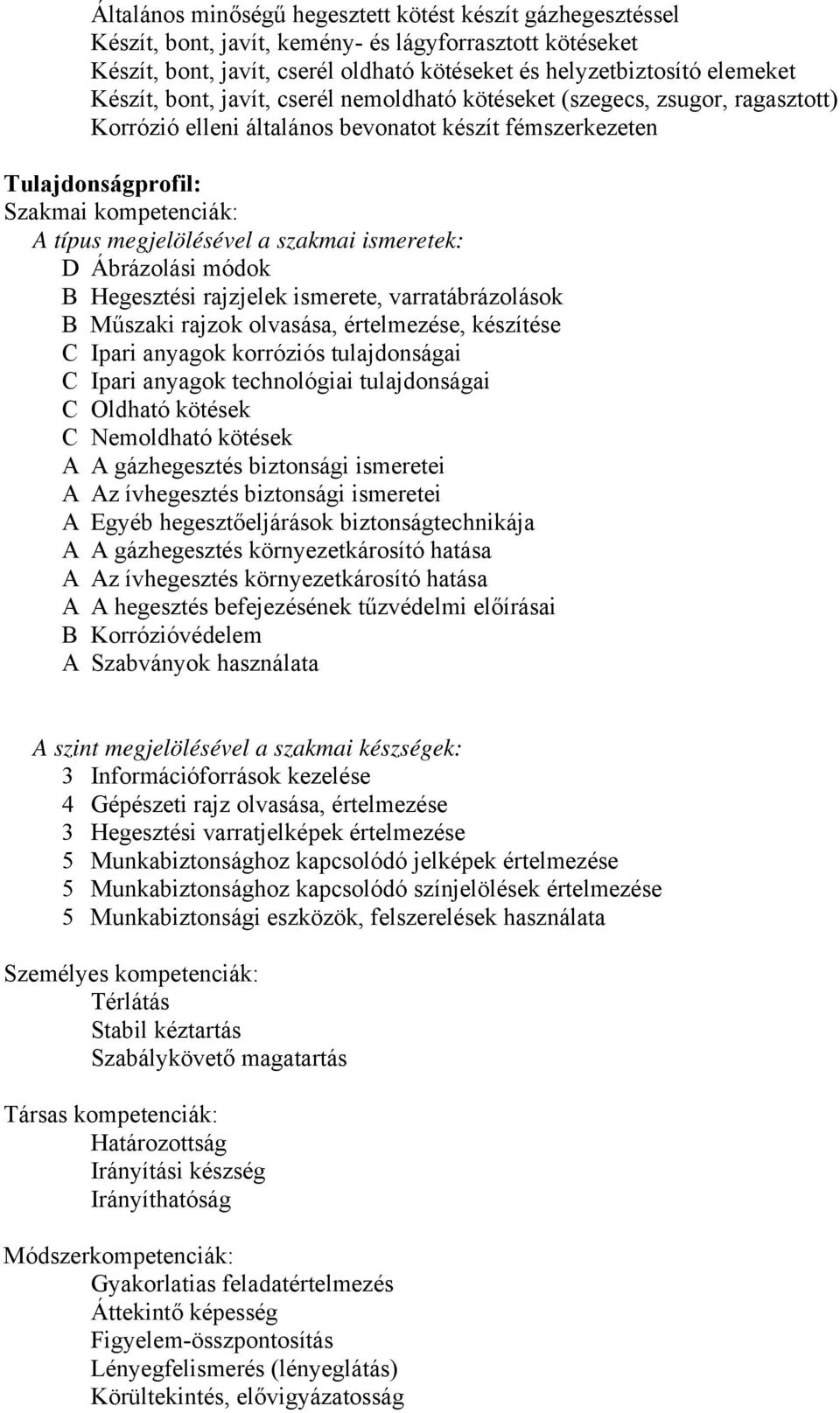 megjelölésével a szakmai ismeretek: D Ábrázolási módok B Hegesztési rajzjelek ismerete, varratábrázolások B Műszaki rajzok olvasása, értelmezése, készítése C Ipari anyagok korróziós tulajdonságai C