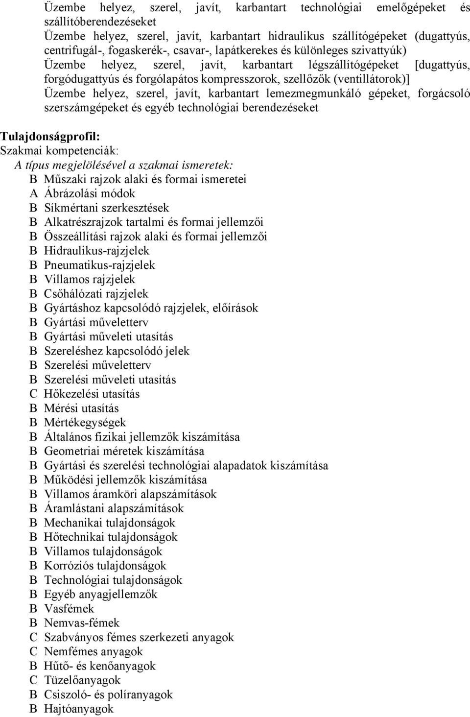 (ventillátorok)] Üzembe helyez, szerel, javít, karbantart lemezmegmunkáló gépeket, forgácsoló szerszámgépeket és egyéb technológiai berendezéseket Tulajdonságprofil: Szakmai kompetenciák: A típus