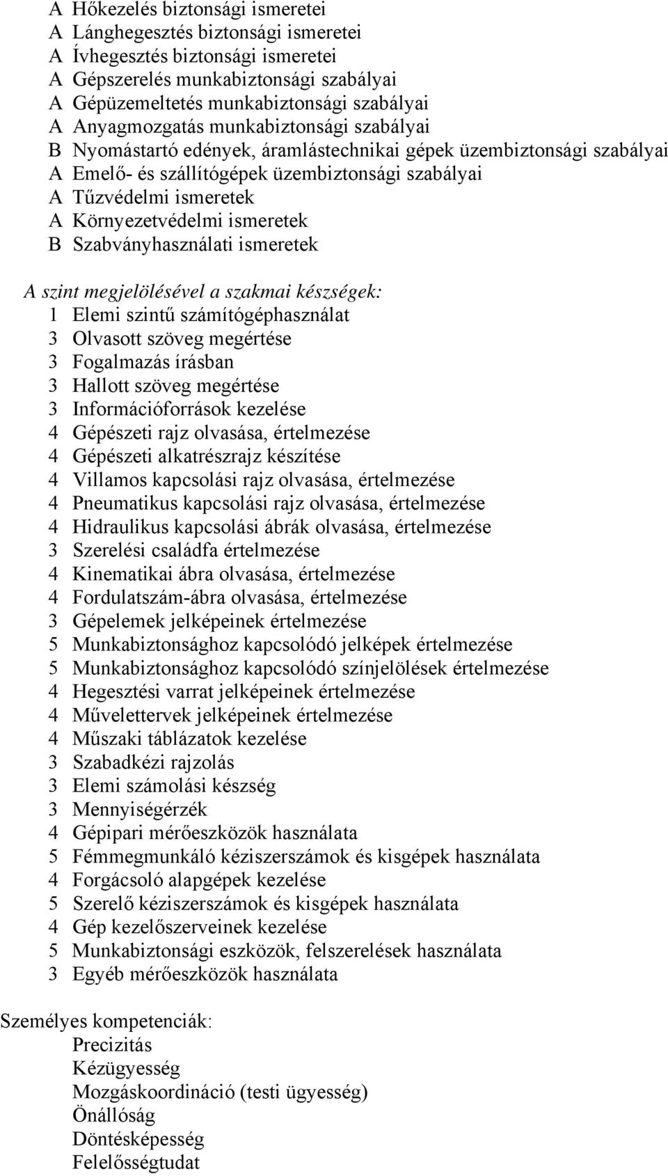 Környezetvédelmi ismeretek B Szabványhasználati ismeretek A szint megjelölésével a szakmai készségek: 1 Elemi szintű számítógéphasználat 3 Olvasott szöveg megértése 3 Fogalmazás írásban 3 Hallott