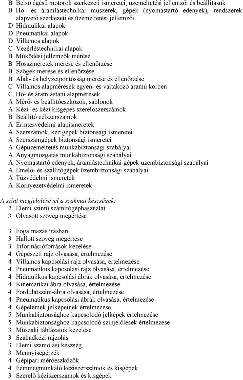 Alak- és helyzetpontosság mérése és ellenőrzése C Villamos alapmérések egyen- és váltakozó áramú körben C Hő- és áramlástani alapmérések A Mérő- és beállítóeszközök, sablonok A Kézi- és kézi kisgépes