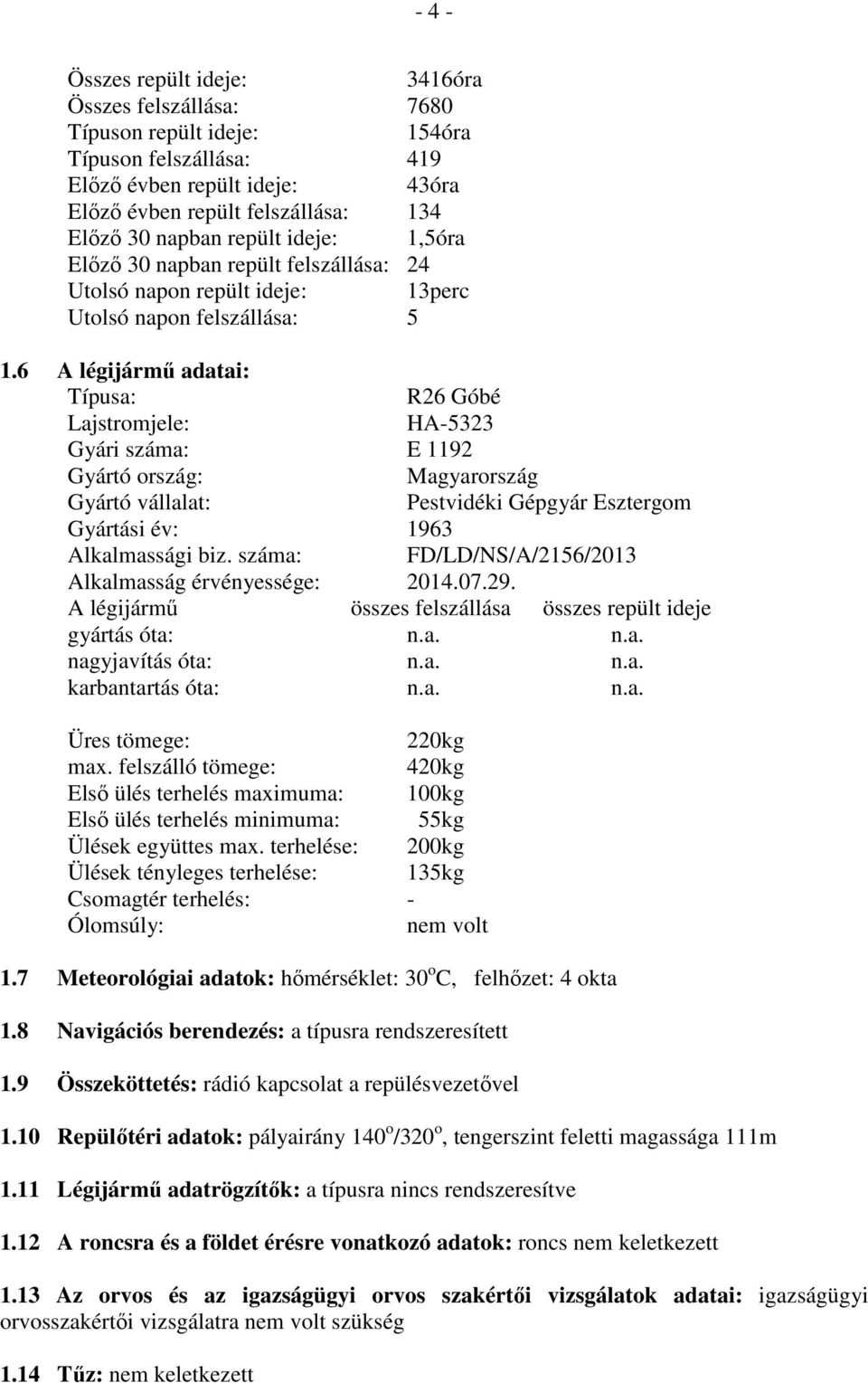 6 A légijármű adatai: Típusa: R26 Góbé Lajstromjele: HA-5323 Gyári száma: E 1192 Gyártó ország: Magyarország Gyártó vállalat: Pestvidéki Gépgyár Esztergom Gyártási év: 1963 Alkalmassági biz.