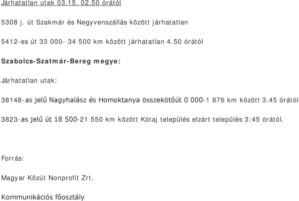 50 órától Szabolcs-Szatmár-Bereg megye: Járhatatlan utak: 38148-as jelű Nagyhalász és Homoktanya