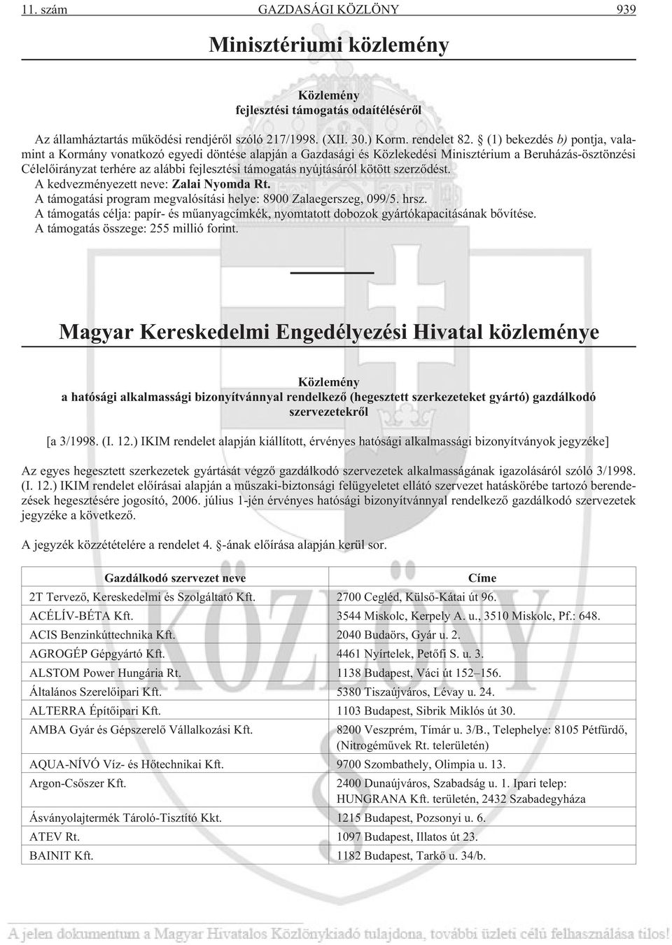 nyújtásáról kötött szerzõdést. A kedvezményezett neve: Zalai Nyomda Rt. A támogatási program megvalósítási helye: 8900 Zalaegerszeg, 099/5. hrsz.