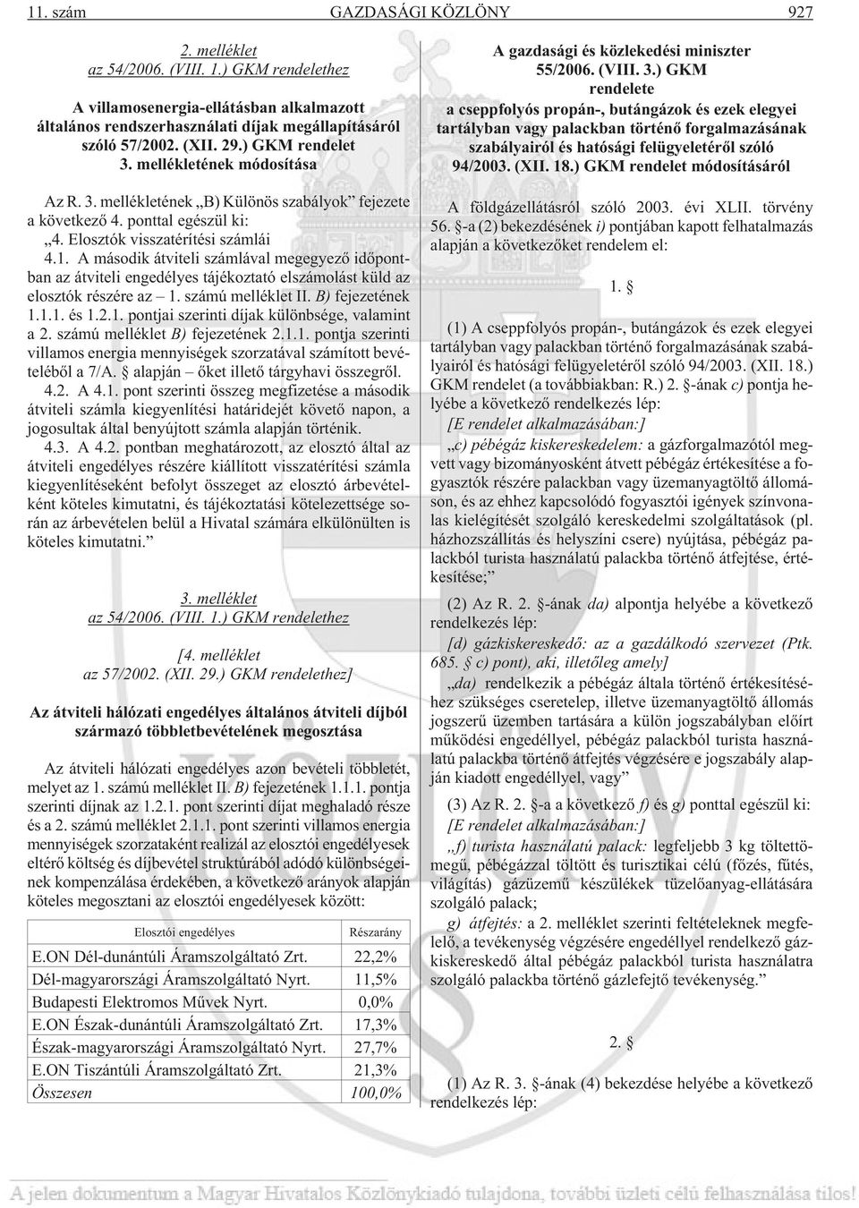 A második átviteli számlával megegyezõ idõpontban az átviteli engedélyes tájékoztató elszámolást küld az elosztók részére az 1. számú melléklet II. B) fejezetének 1.1.1. és 1.2.1. pontjai szerinti díjak különbsége, valamint a 2.
