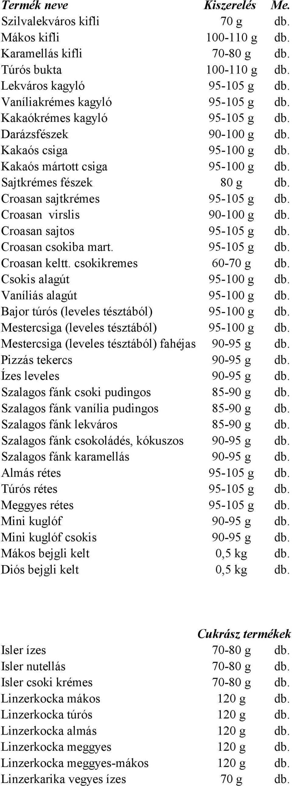 Croasan virslis 90-100 g db. Croasan sajtos 95-105 g db. Croasan csokiba mart. 95-105 g db. Croasan keltt. csokikremes 60-70 g db. Csokis alagút 95-100 g db. Vaníliás alagút 95-100 g db.