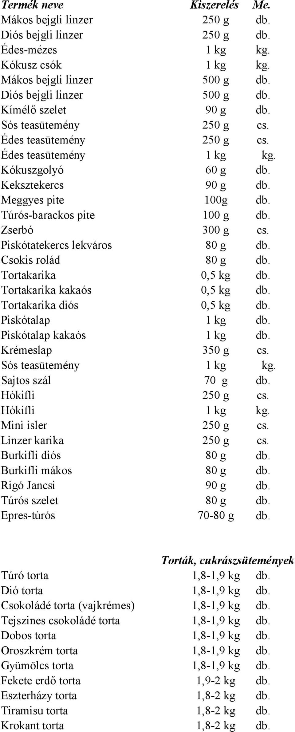 Piskótatekercs lekváros 80 g db. Csokis rolád 80 g db. Tortakarika 0,5 kg db. Tortakarika kakaós 0,5 kg db. Tortakarika diós 0,5 kg db. Piskótalap 1 kg db. Piskótalap kakaós 1 kg db.