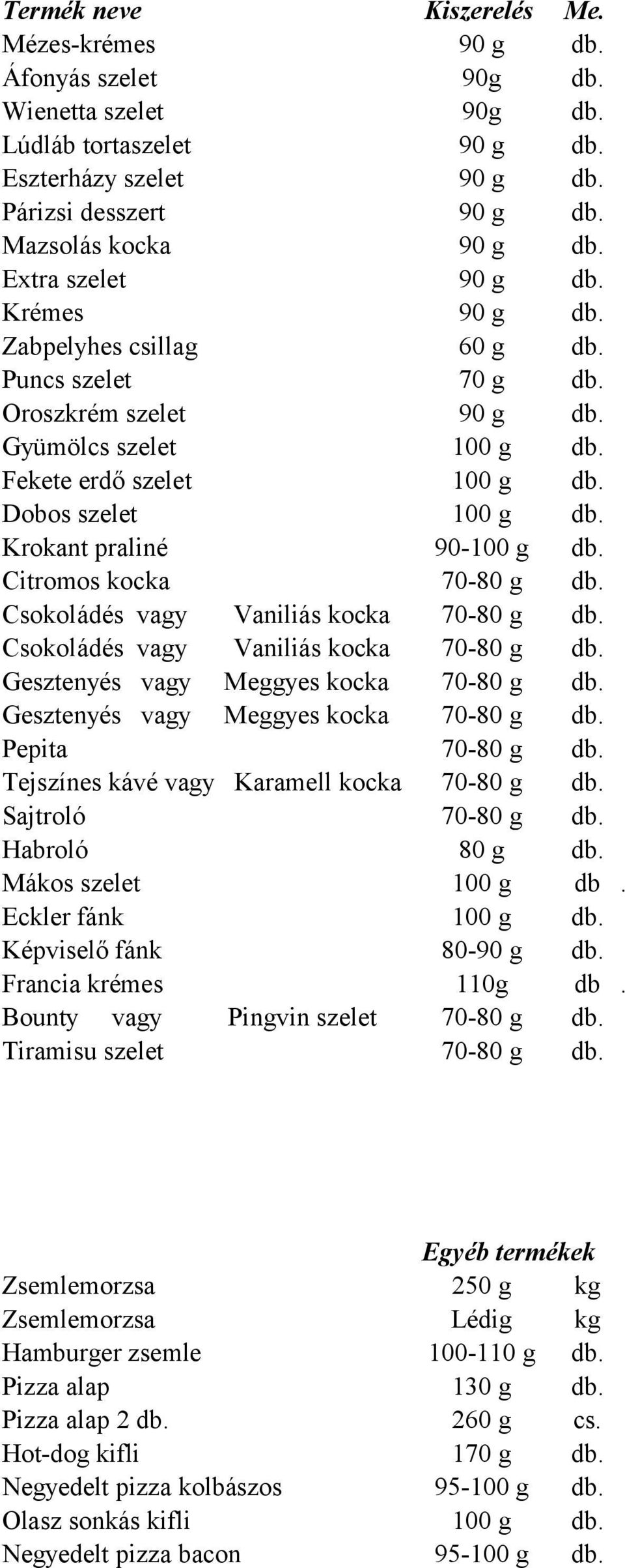 Citromos kocka 70-80 g db. Csokoládés vagy Vaniliás kocka 70-80 g db. Csokoládés vagy Vaniliás kocka 70-80 g db. Gesztenyés vagy Meggyes kocka 70-80 g db. Gesztenyés vagy Meggyes kocka 70-80 g db. Pepita 70-80 g db.