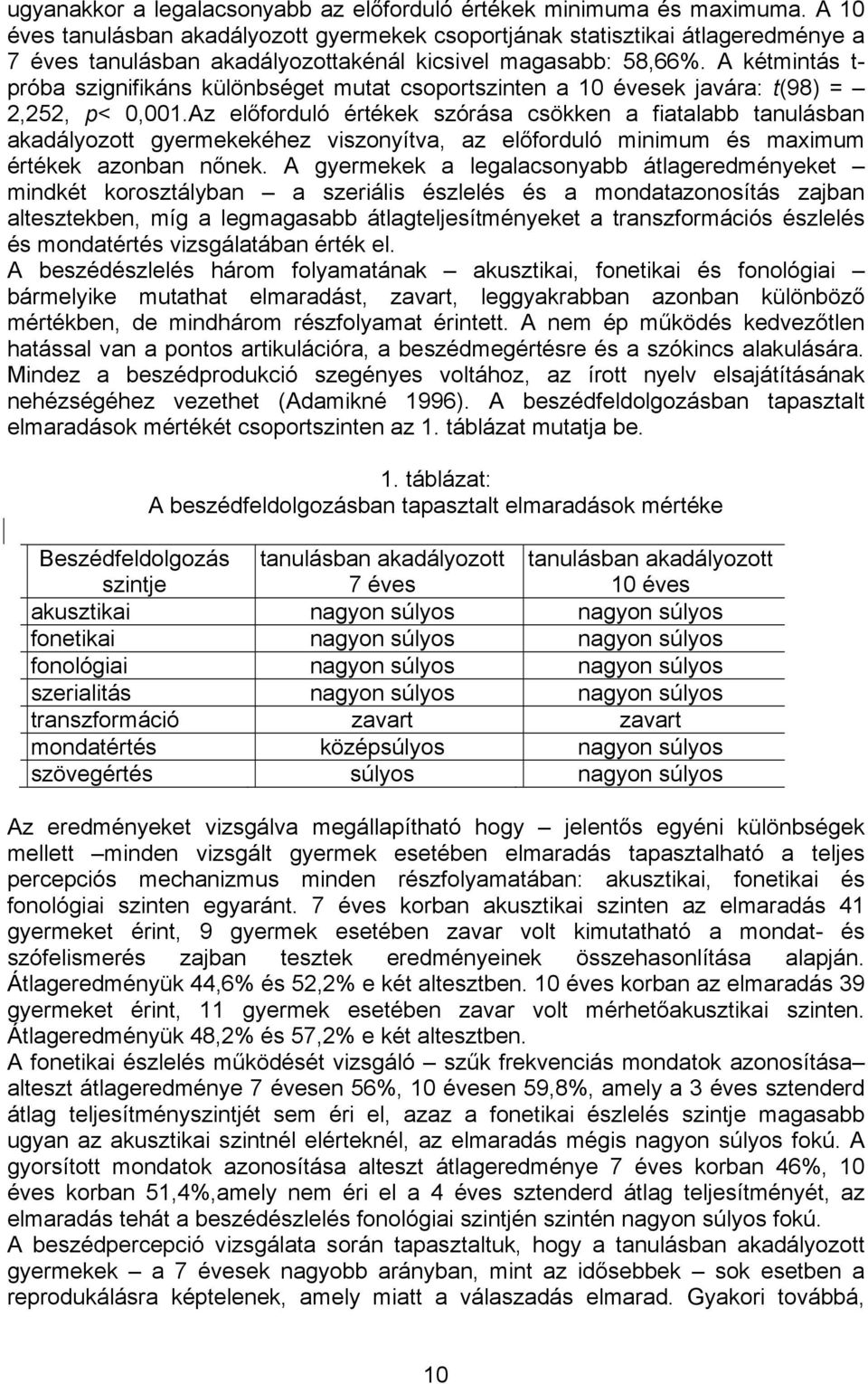 A kétmintás t- próba szignifikáns különbséget mutat csoportszinten a 10 évesek javára: t(98) = 2,252, p< 0,001.