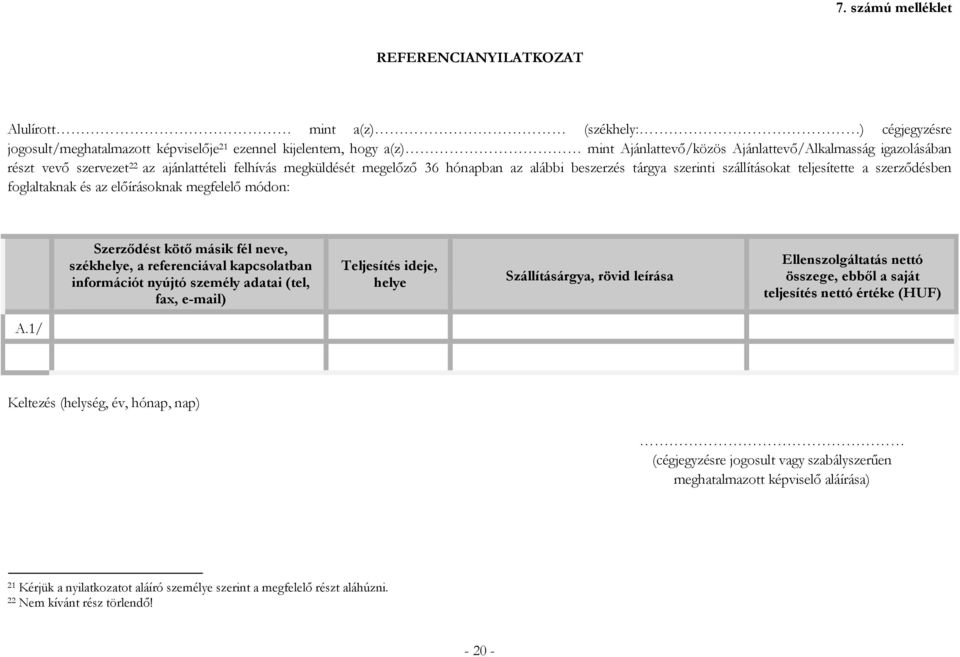 foglaltaknak és az előírásoknak megfelelő módon: Szerződést kötő másik fél neve, székhelye, a referenciával kapcsolatban információt nyújtó személy adatai (tel, fax, e-mail) Teljesítés ideje, helye