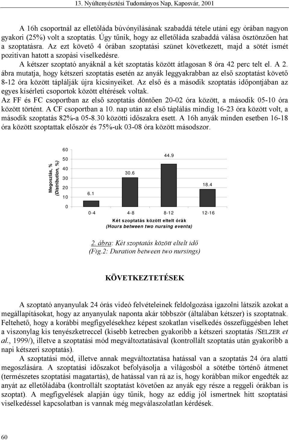 A 2. ábra mutatja, hogy kétszeri szoptatás esetén az anyák leggyakrabban az első szoptatást követő 8-12 óra között táplálják újra kicsinyeiket.