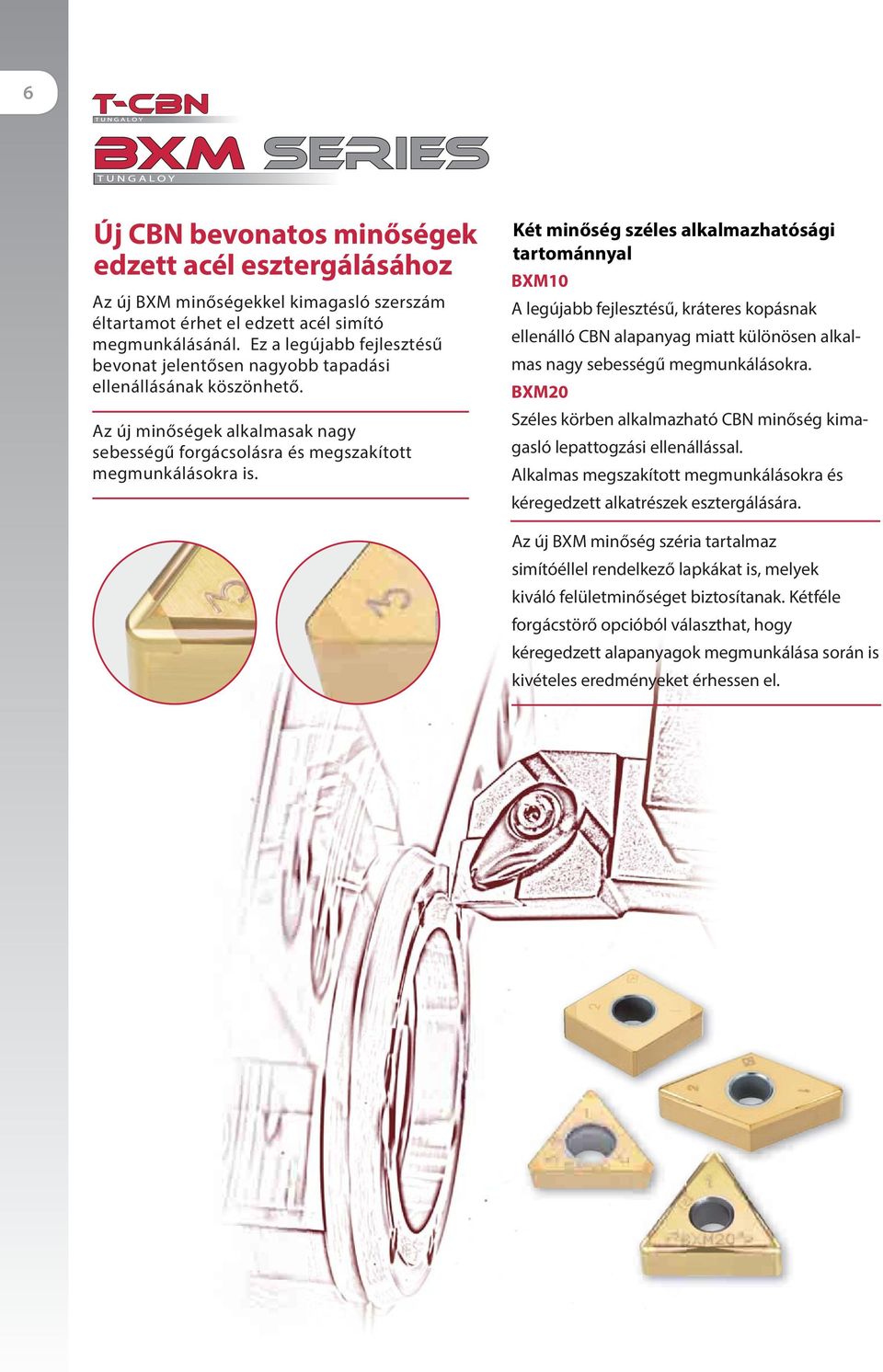 Két minőség széles alkalmazhatósági tartománnyal BXM10 A legújabb fejlesztésű, kráteres kopásnak ellenálló CBN alapanyag miatt különösen alkalmas nagy sebességű megmunkálásokra.