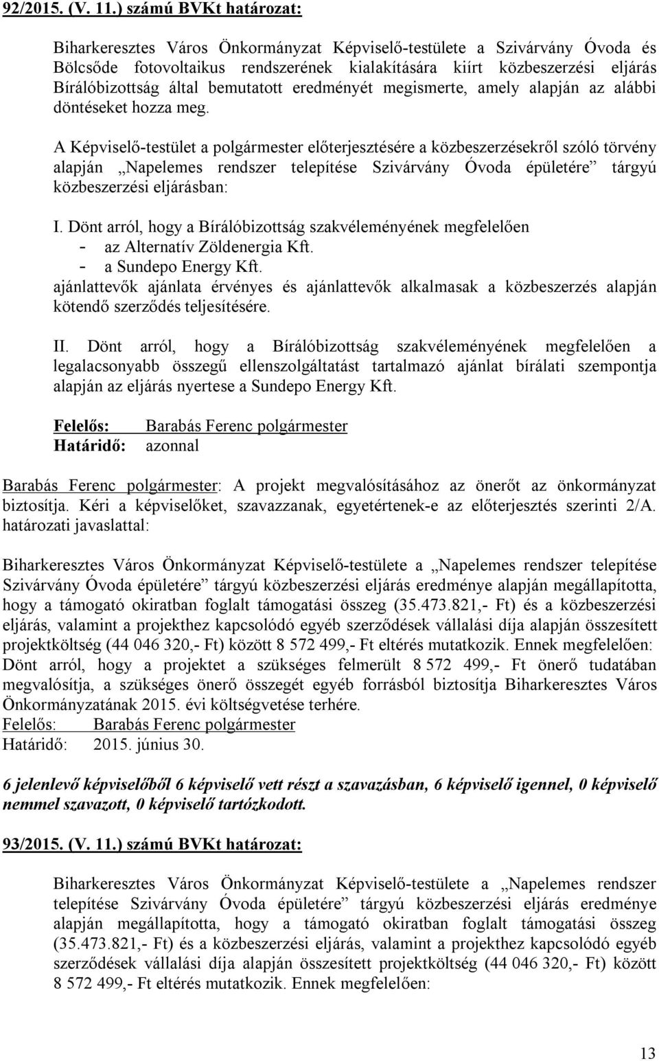 bemutatott eredményét megismerte, amely alapján az alábbi döntéseket hozza meg.