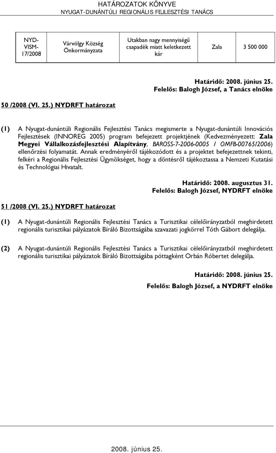 Megyei Vállalkozásfejlesztési Alapítvány, BAROSS-7-2006-0005 / OMFB-00765/2006) ellenőrzési folyamatát.