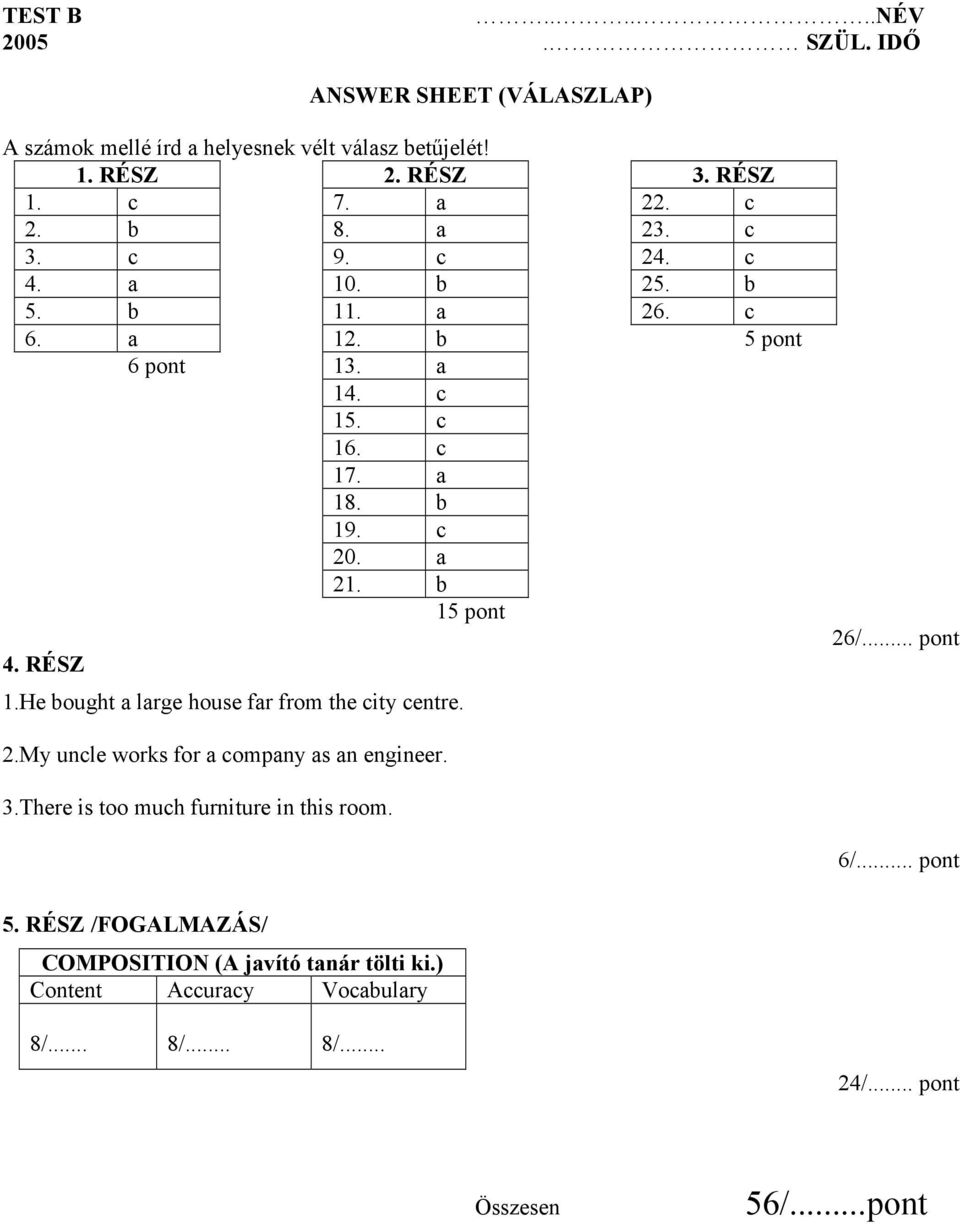 RÉSZ 1.He bought a large house far from the city centre. 26/... pont 2.My uncle works for a company as an engineer. 3.
