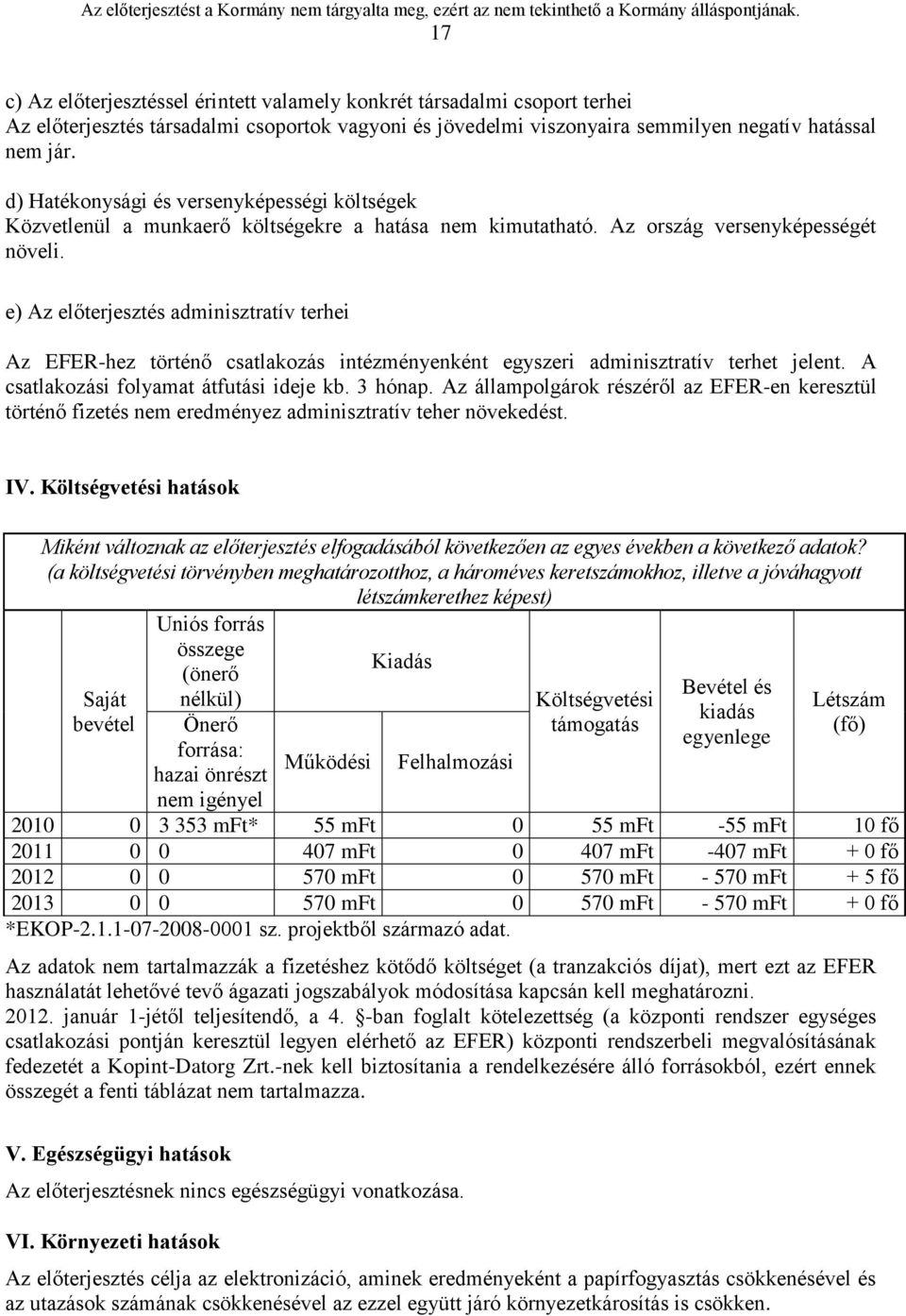 e) Az előterjesztés adminisztratív terhei Az EFER-hez történő csatlakozás intézményenként egyszeri adminisztratív terhet jelent. A csatlakozási folyamat átfutási ideje kb. 3 hónap.