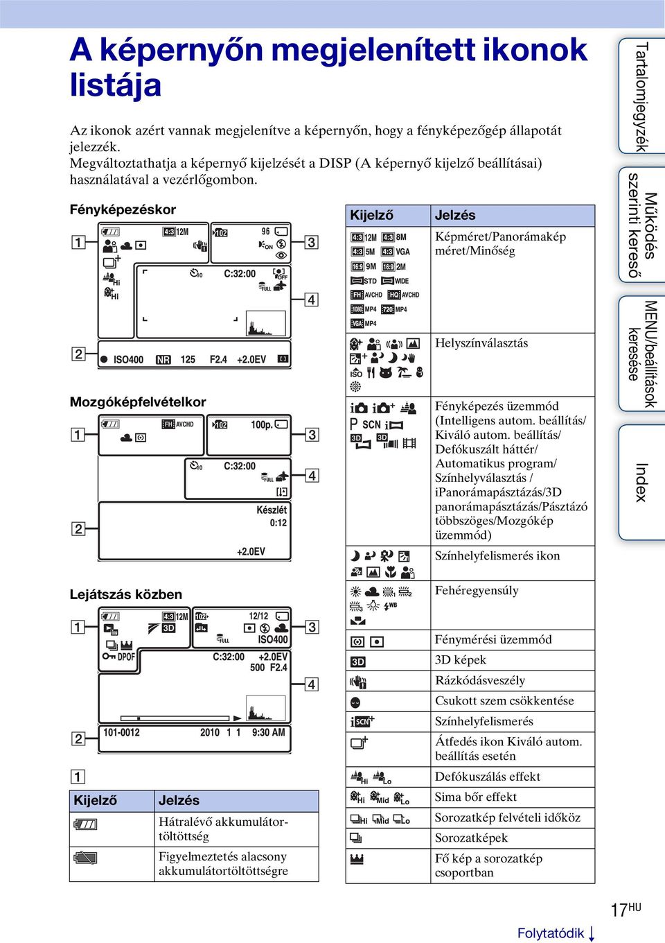 Fényképezéskor Kijelző Jelzés Képméret/Panorámakép méret/minőség Mozgóképfelvételkor Helyszínválasztás Fényképezés üzemmód (Intelligens autom. beállítás/ Kiváló autom.