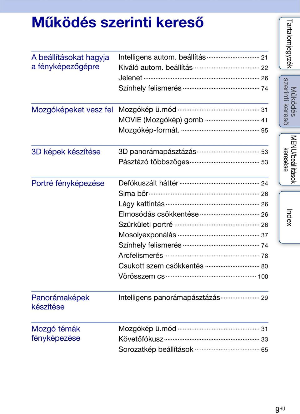 95 3D képek készítése 3D panorámapásztázás 53 Pásztázó többszöges 53 Portré fényképezése Defókuszált háttér 24 Sima bőr 26 Lágy kattintás 26 Elmosódás csökkentése