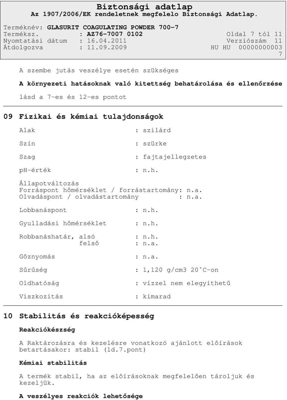 tulajdonságok Alak Szín Szag ph-érték : szilárd : szürke : fajtajellegzetes : n.h. Állapotváltozás Forráspont hőmérséklet / forrástartomány: n.a. Olvadáspont / olvadástartomány : n.a. Lobbanáspont Gyulladási hőmérséklet Robbanáshatár, alsó felső Gőznyomás Sűrűség Oldhatóság : n.