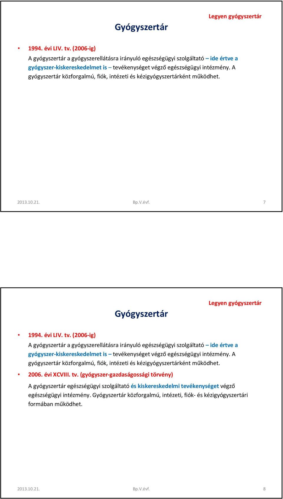 A gyógyszertár közforgalmú, fiók, intézeti és kézigyógyszertárként működhet. 2013.10.21. Bp.V.évf. 7   A gyógyszertár közforgalmú, fiók, intézeti és kézigyógyszertárként működhet. 2006. évi XCVIII.