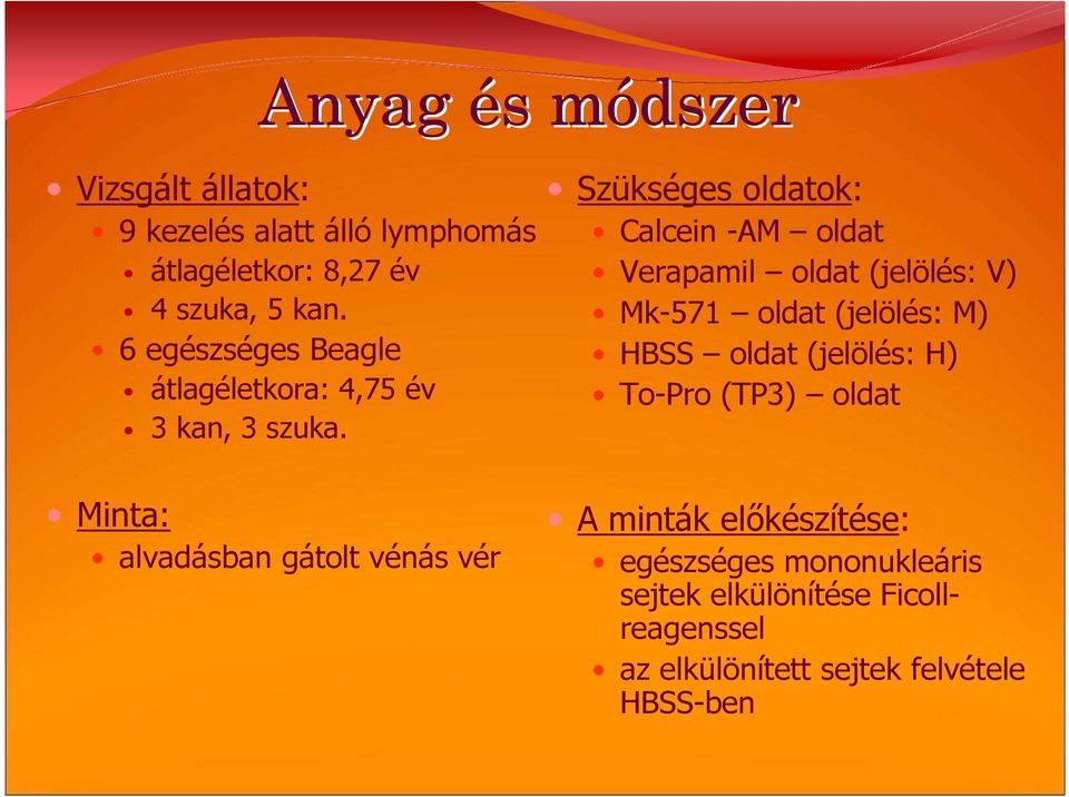 Minta: alvadásban gátolt vénás vér Szükséges oldatok: Calcein -AM oldat Verapamil oldat (jelölés: V) Mk-571 oldat