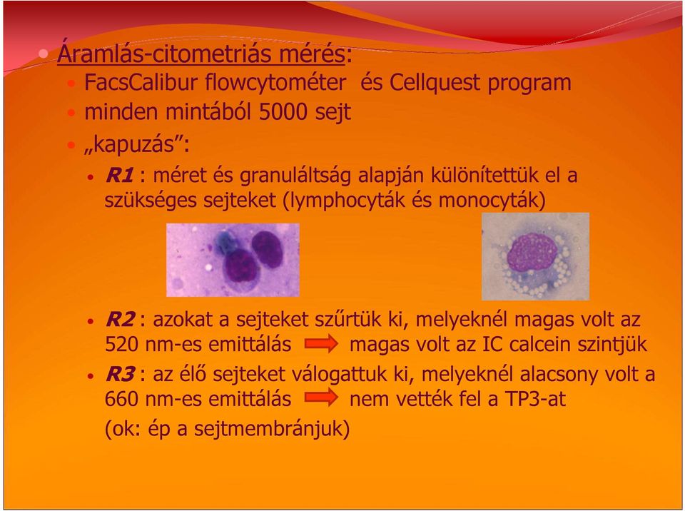sejteket szőrtük ki, melyeknél magas volt az 520 nm-es emittálás magas volt az IC calcein szintjük R3 : az élı