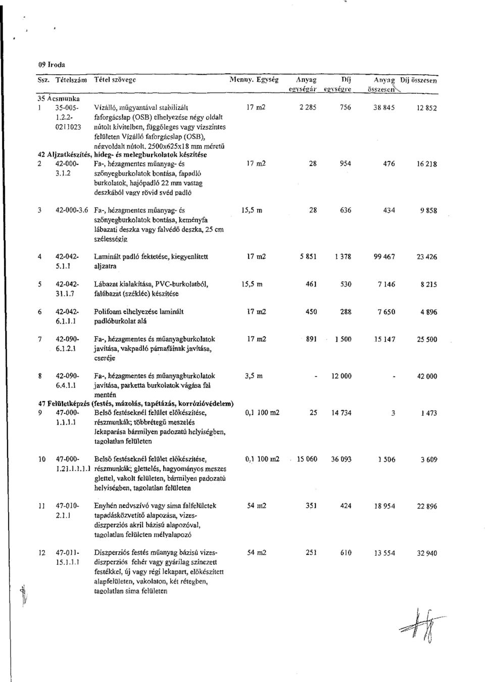 2500x625x18 mm méretű 42 Aljzatkészítés, hideg- és melegburkolatok készítése 2 42-000- Fa-, hézagmentes műanyag- és 17 m2 28 954 476 16 218 3.1.2 szőnyegburkolatok bontása, fapadló burkolatok, hajópadló 22 mm vastag deszkából vagy rövid svéd padló 3 42-000-3.