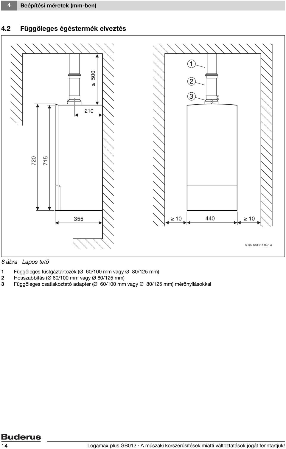 1O 8 ábra Lapos tető 1 Függőleges füstgáztartozék (Ø 60/100 mm vagy Ø 80/125 mm) 2 Hosszabbítás (Ø