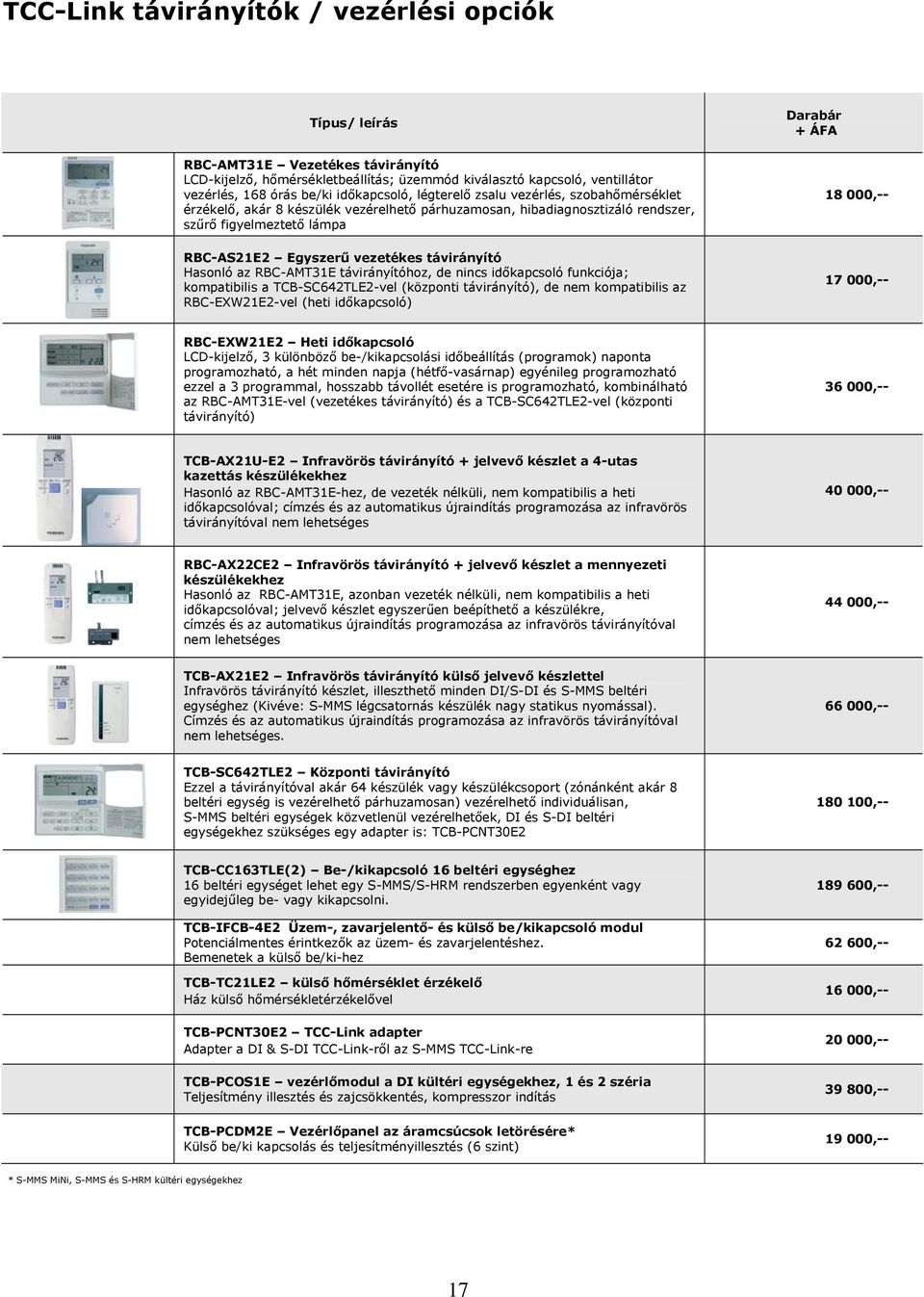 az RBCAMT31E távirányítóhoz, de nincs időkapcsoló funkciója; kompatibilis a TCBSC642TLE2vel (központi távirányító), de nem kompatibilis az RBCEXW21E2vel (heti időkapcsoló) Darabár 18 000, 17 000,