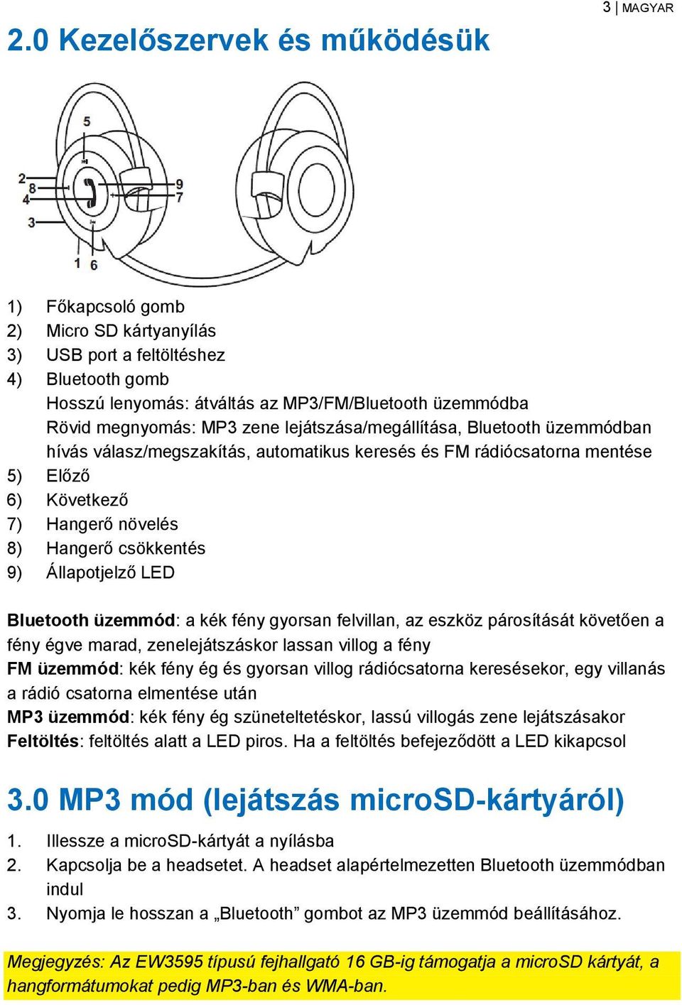 csökkentés 9) Állapotjelző LED Bluetooth üzemmód: a kék fény gyorsan felvillan, az eszköz párosítását követően a fény égve marad, zenelejátszáskor lassan villog a fény FM üzemmód: kék fény ég és