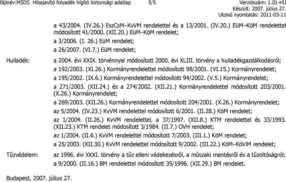 (XI.26.) Kormányrendelettel módosított 98/2001. (VI.15.) Kormányrendelet; a 195/2002. (IX.6.) Kormányrendelettel módosított 94/2002. (V.5.) Kormányrendelet; a 271/2003. (XII.24.) és a 274/2002. (XII.21.