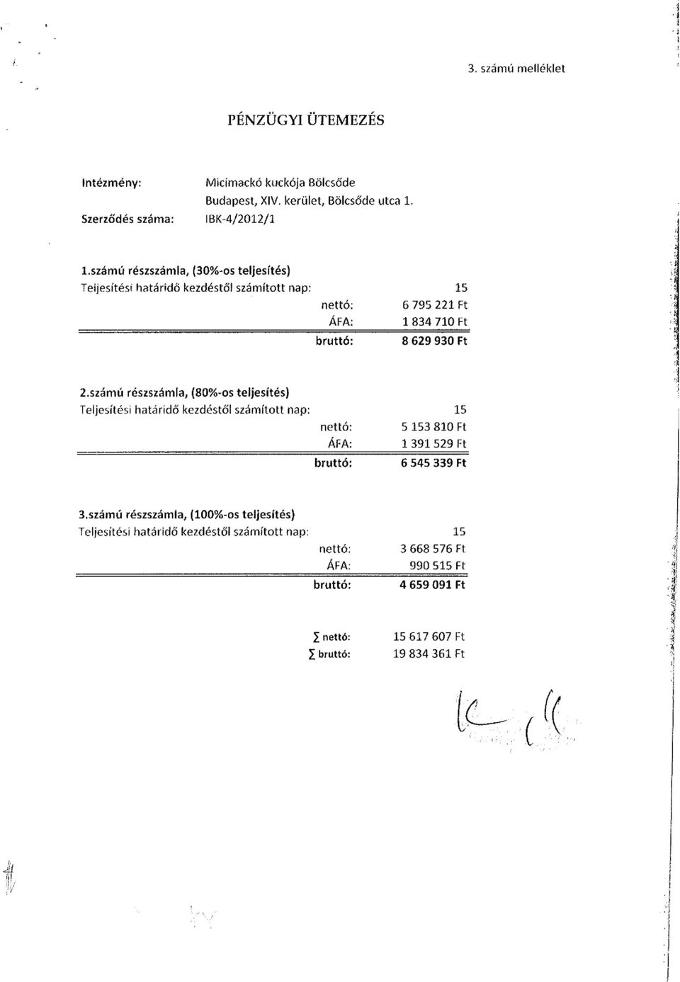 számú részszámla, (80%-os teljesítés) Teljesítési határidő kezdéstől számított nap: nettó: ÁFA: bruttó: 15 5 153 810 Ft 1 391 529 Ft 6 545 339 Ft 3.