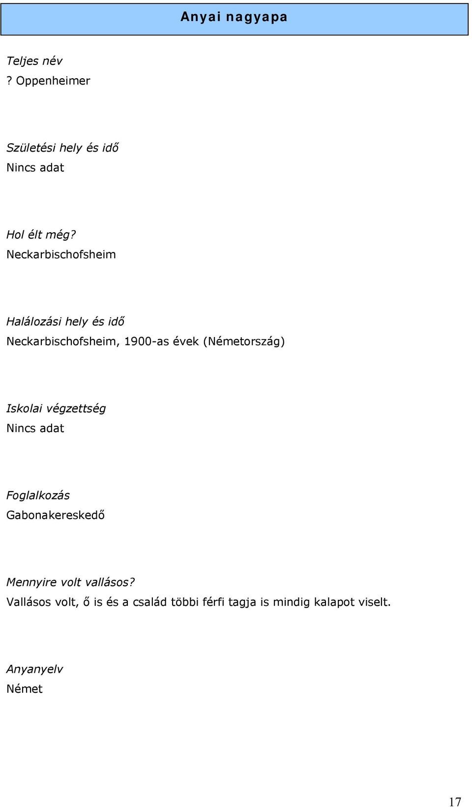 (Németország) Iskolai végzettség Nincs adat Foglalkozás Gabonakereskedő Mennyire volt