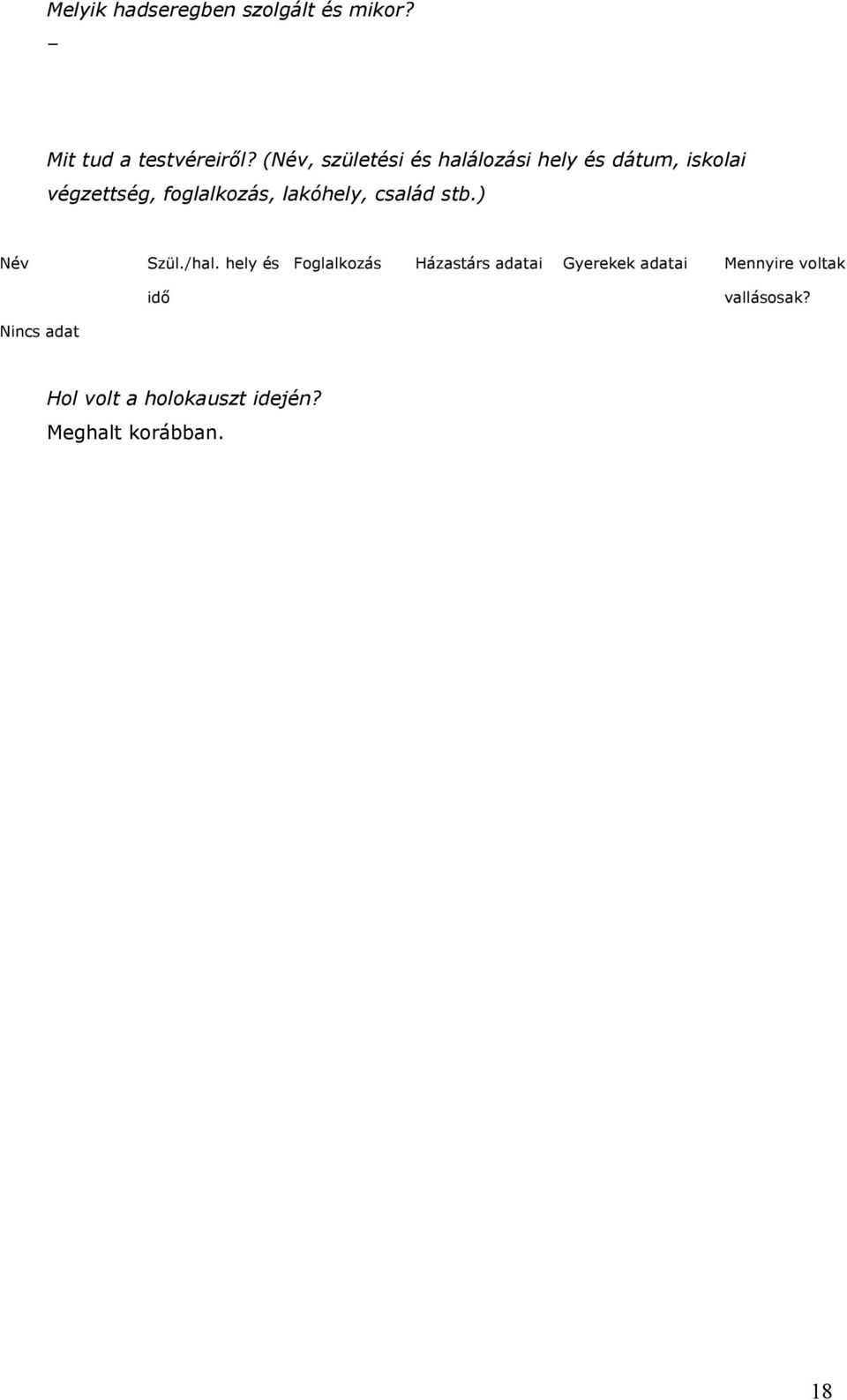 lakóhely, család stb.) Név Nincs adat Szül./hal.