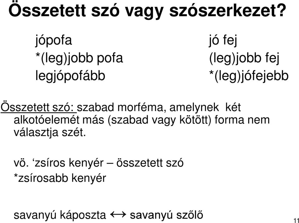 Összetett szó: szabad morféma, amelynek két alkotóelemét más (szabad vagy