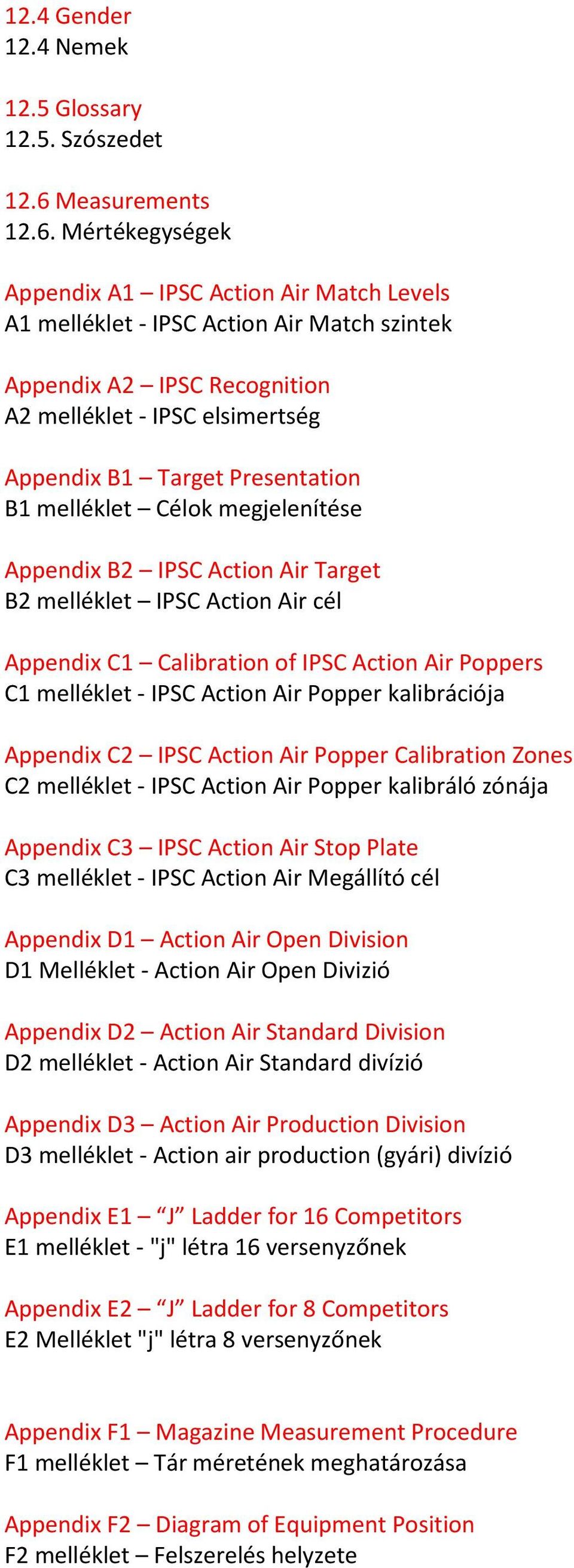 Mértékegységek Appendix A1 IPSC Action Air Match Levels A1 melléklet - IPSC Action Air Match szintek Appendix A2 IPSC Recognition A2 melléklet - IPSC elsimertség Appendix B1 Target Presentation B1