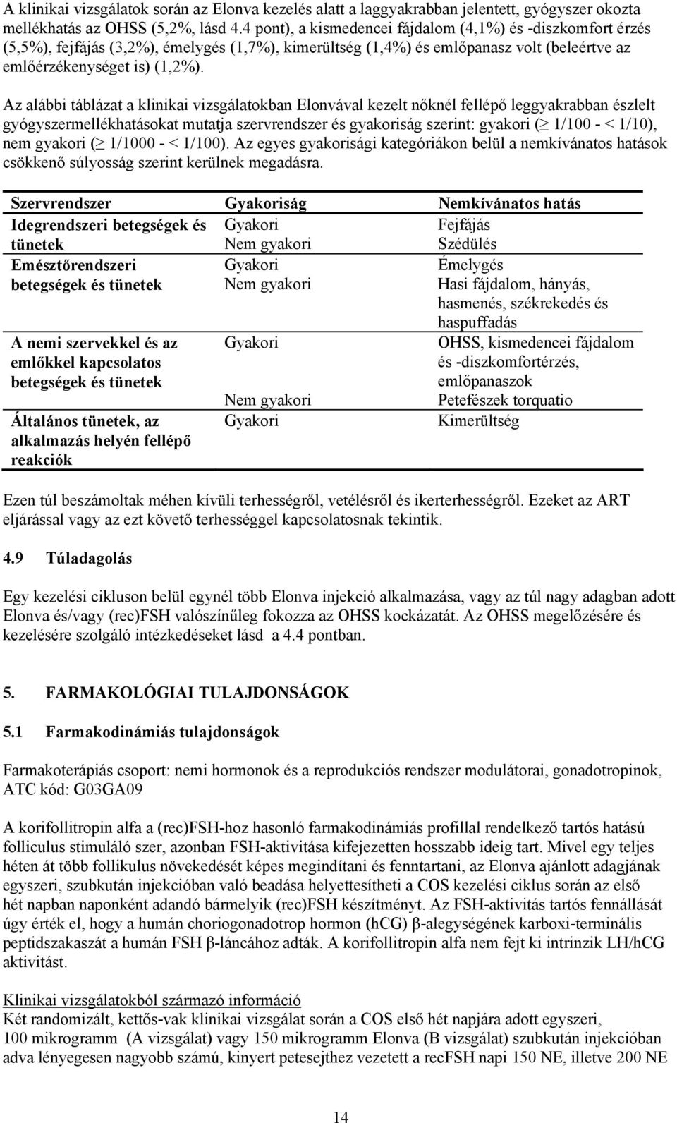 Az alábbi táblázat a klinikai vizsgálatokban Elonvával kezelt nőknél fellépő leggyakrabban észlelt gyógyszermellékhatásokat mutatja szervrendszer és gyakoriság szerint: gyakori ( 1/100 - < 1/10), nem