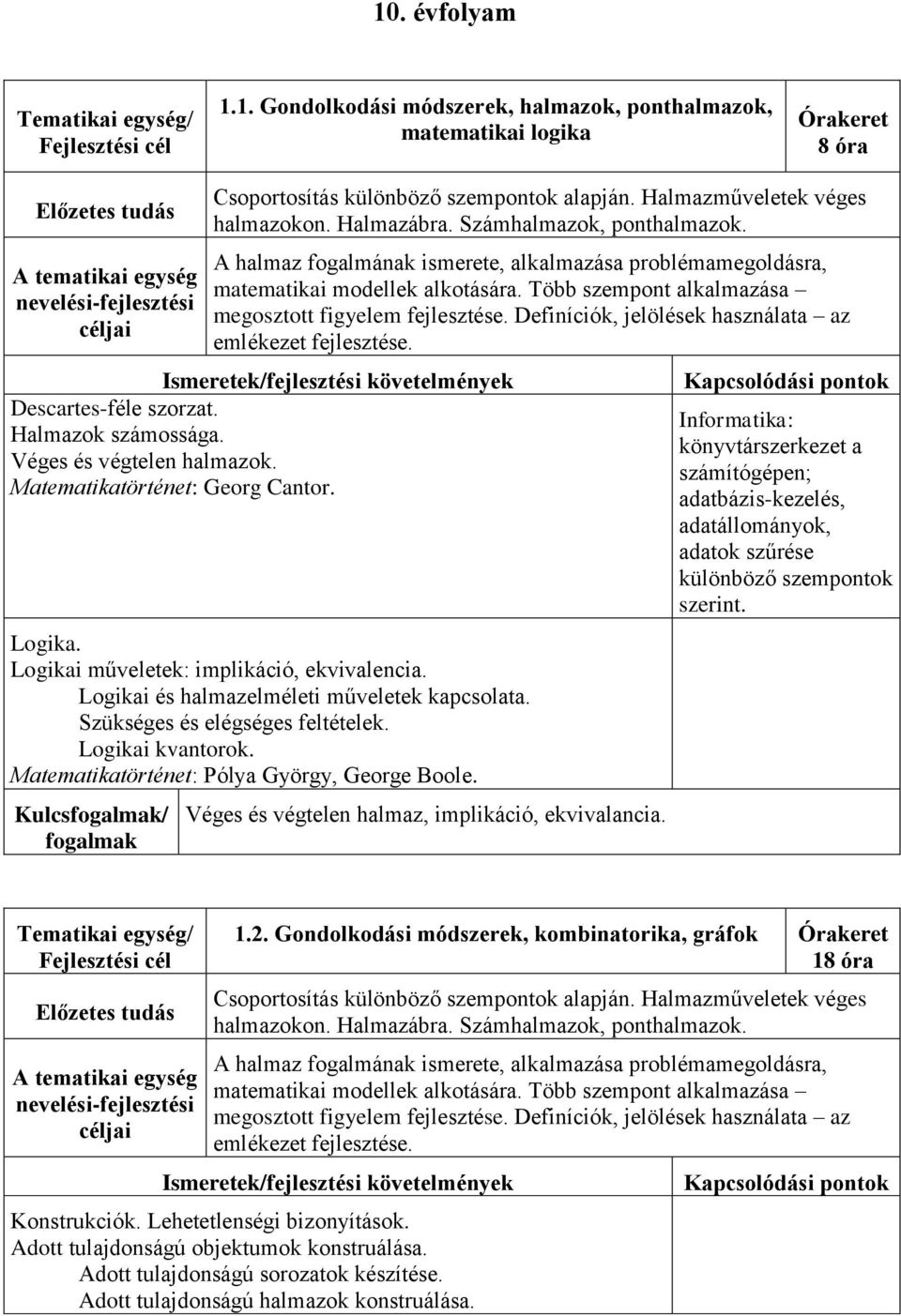 Definíciók, jelölések használata az emlékezet fejlesztése. Descartes-féle szorzat. Halmazok számossága. Véges és végtelen halmazok. Matematikatörténet: Georg Cantor. Logika.